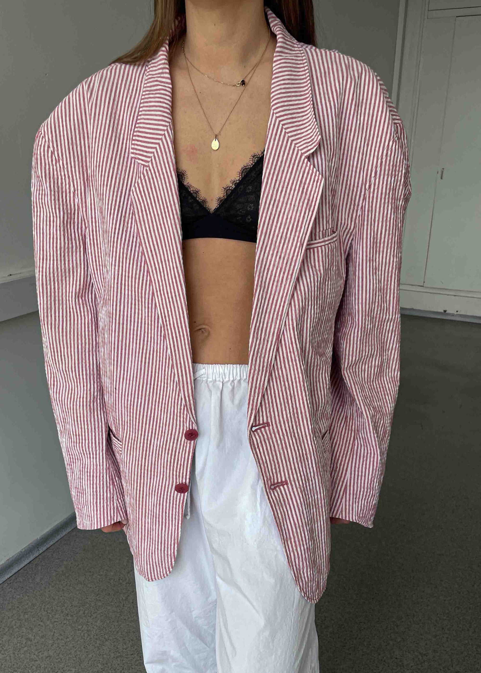 Vintage White & Red Striped Oversized Light Weight Blazer