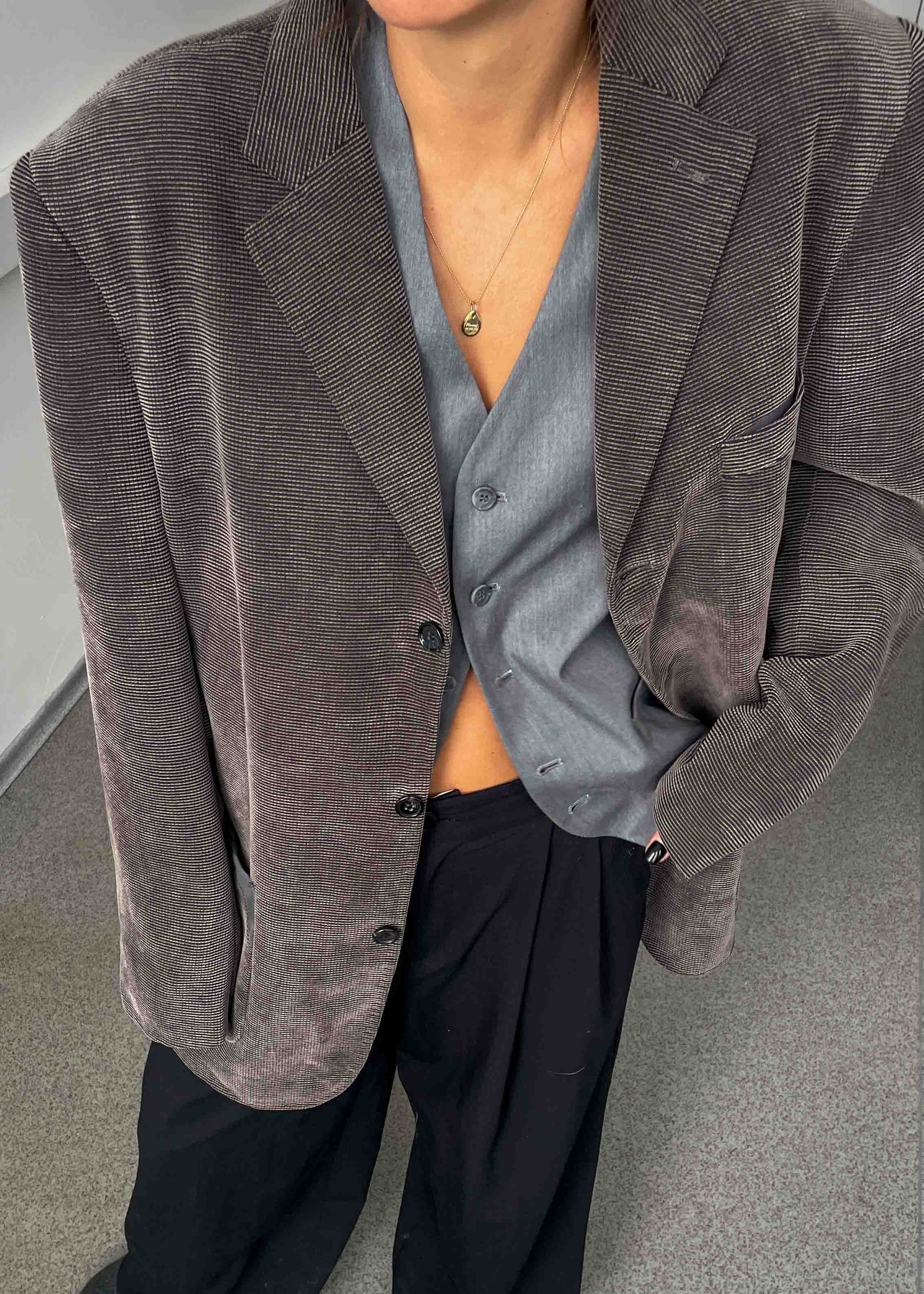 Vintage Grey Patterned Velvet Oversized Blazer