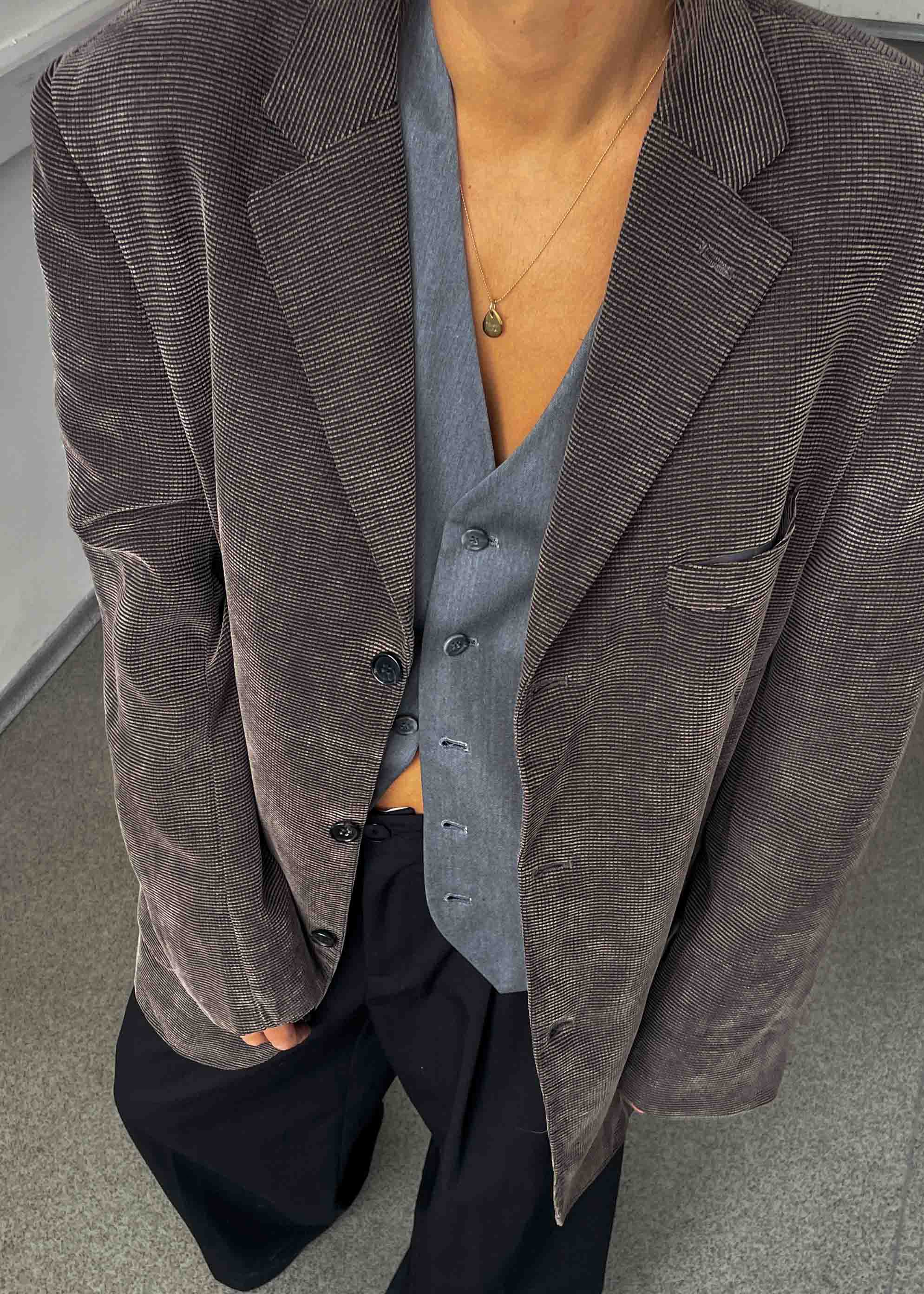 Vintage Grey Patterned Velvet Oversized Blazer