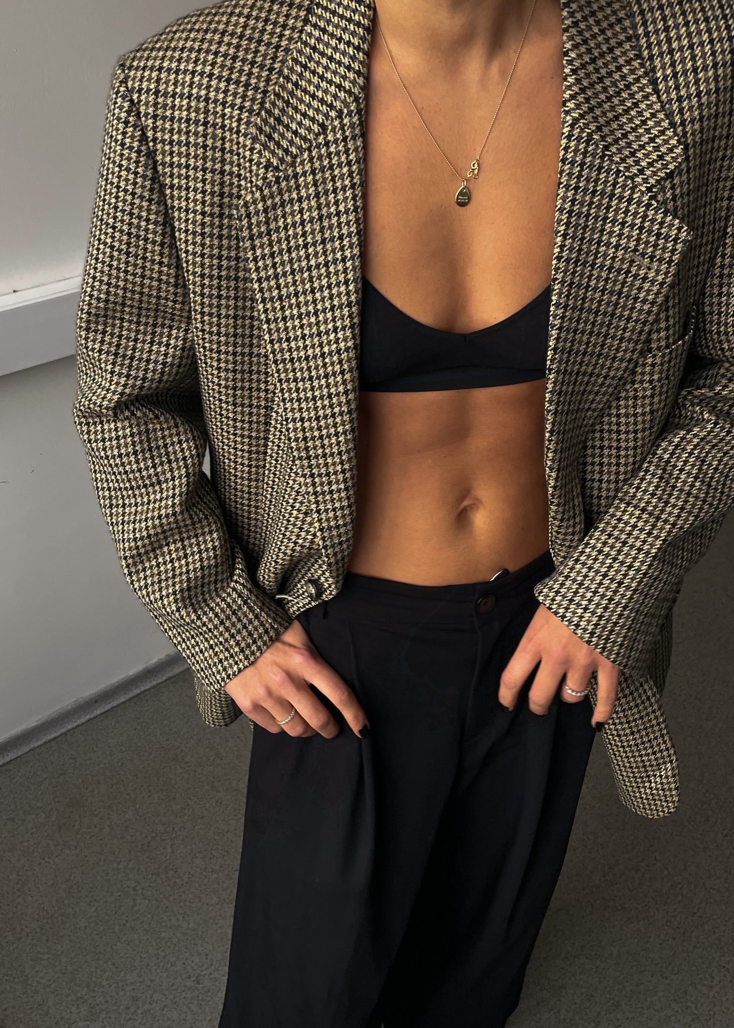 Vintage Green Dogtooth Print Oversized Blazer