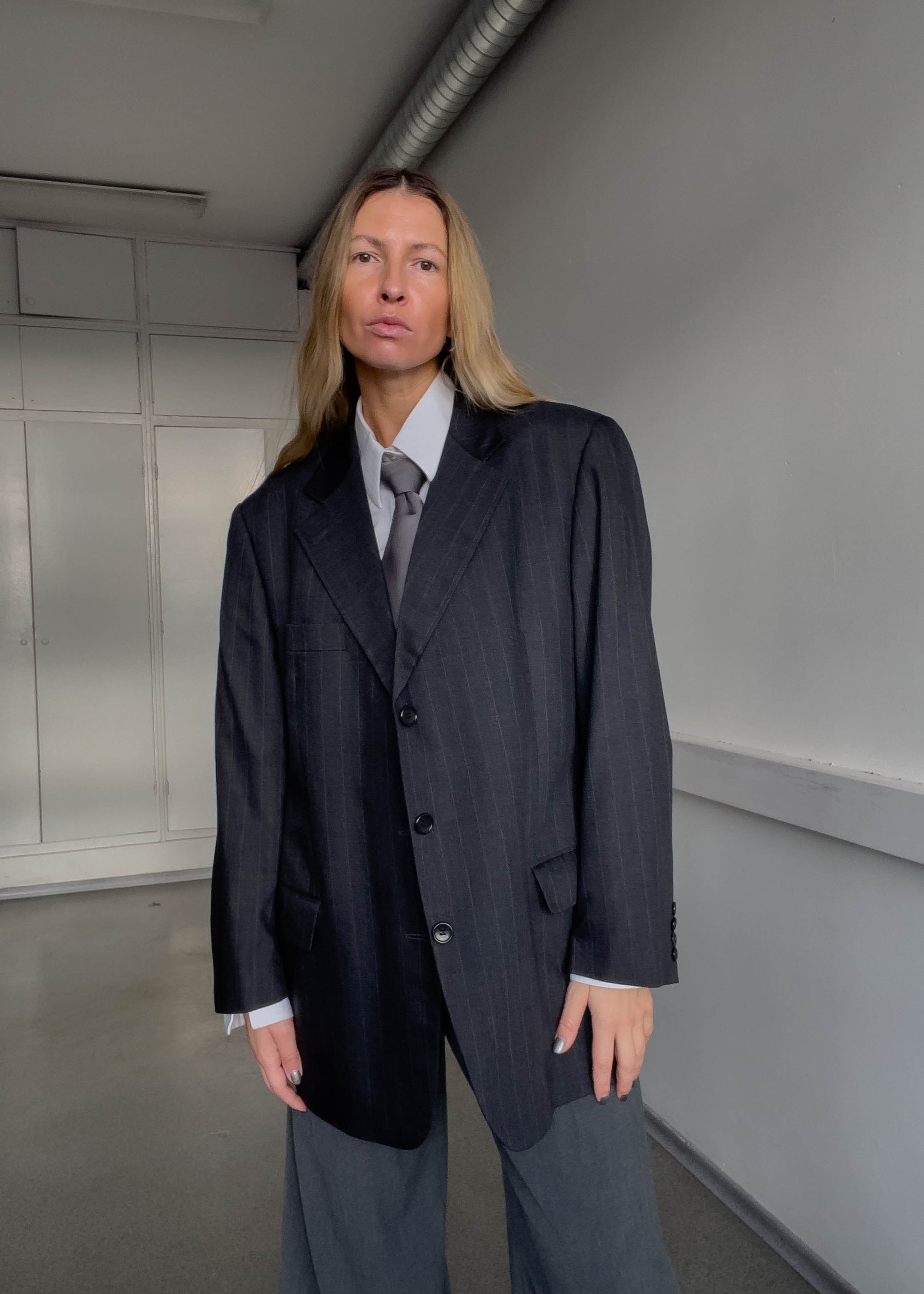Vintage Grey Striped Oversized Blazer