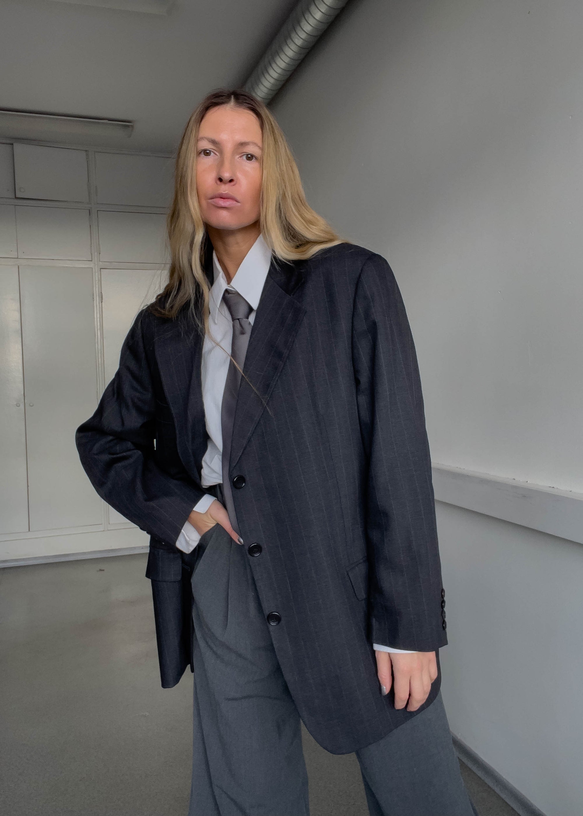 Vintage Grey Striped Oversized Blazer