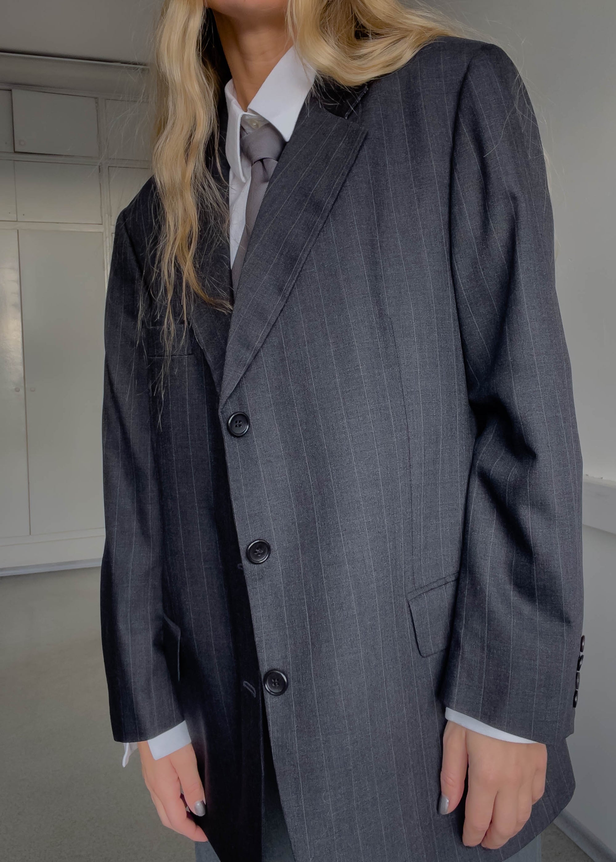 Vintage Grey Striped Oversized Blazer