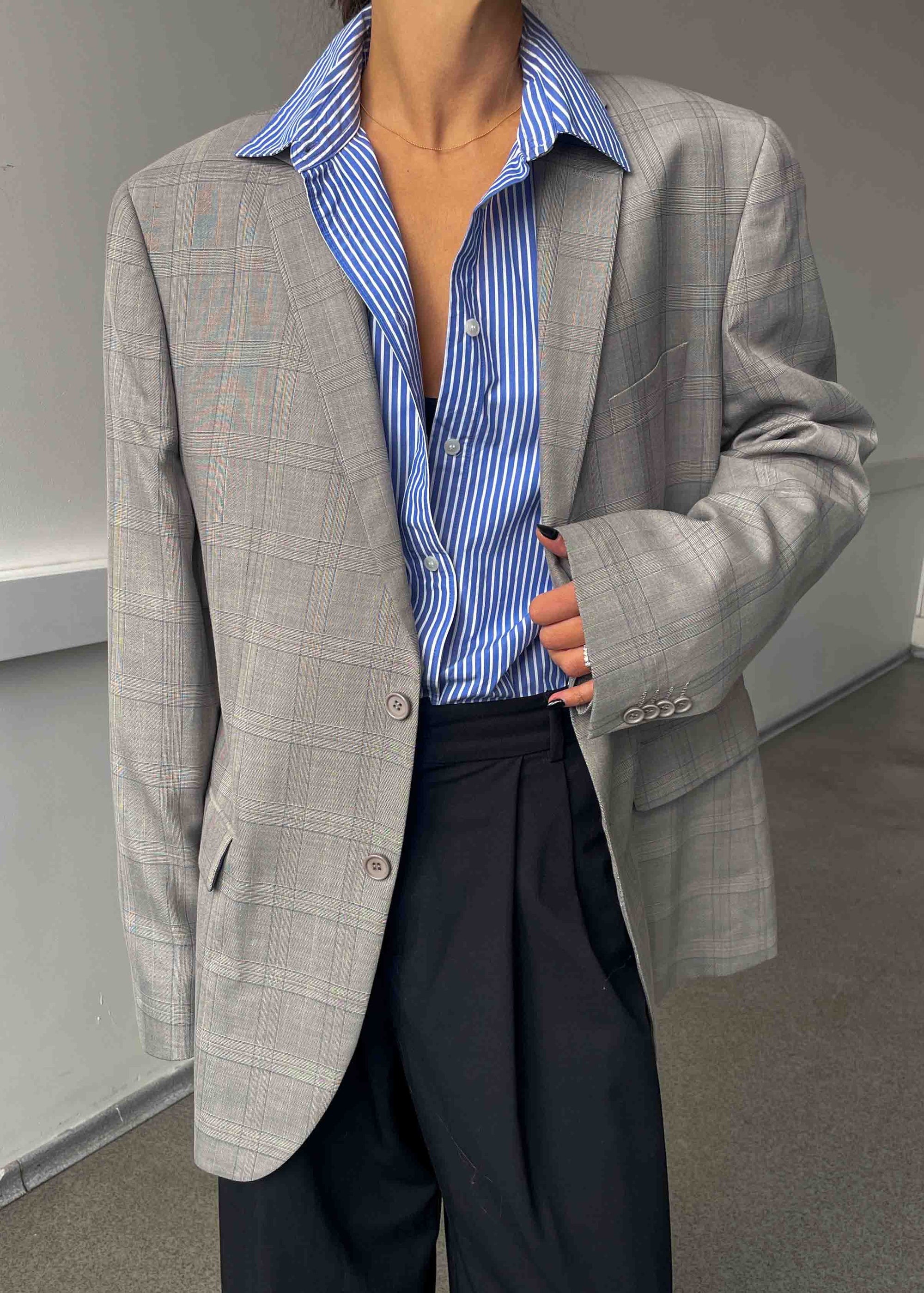 Vintage Light Grey Checked Oversized Blazer