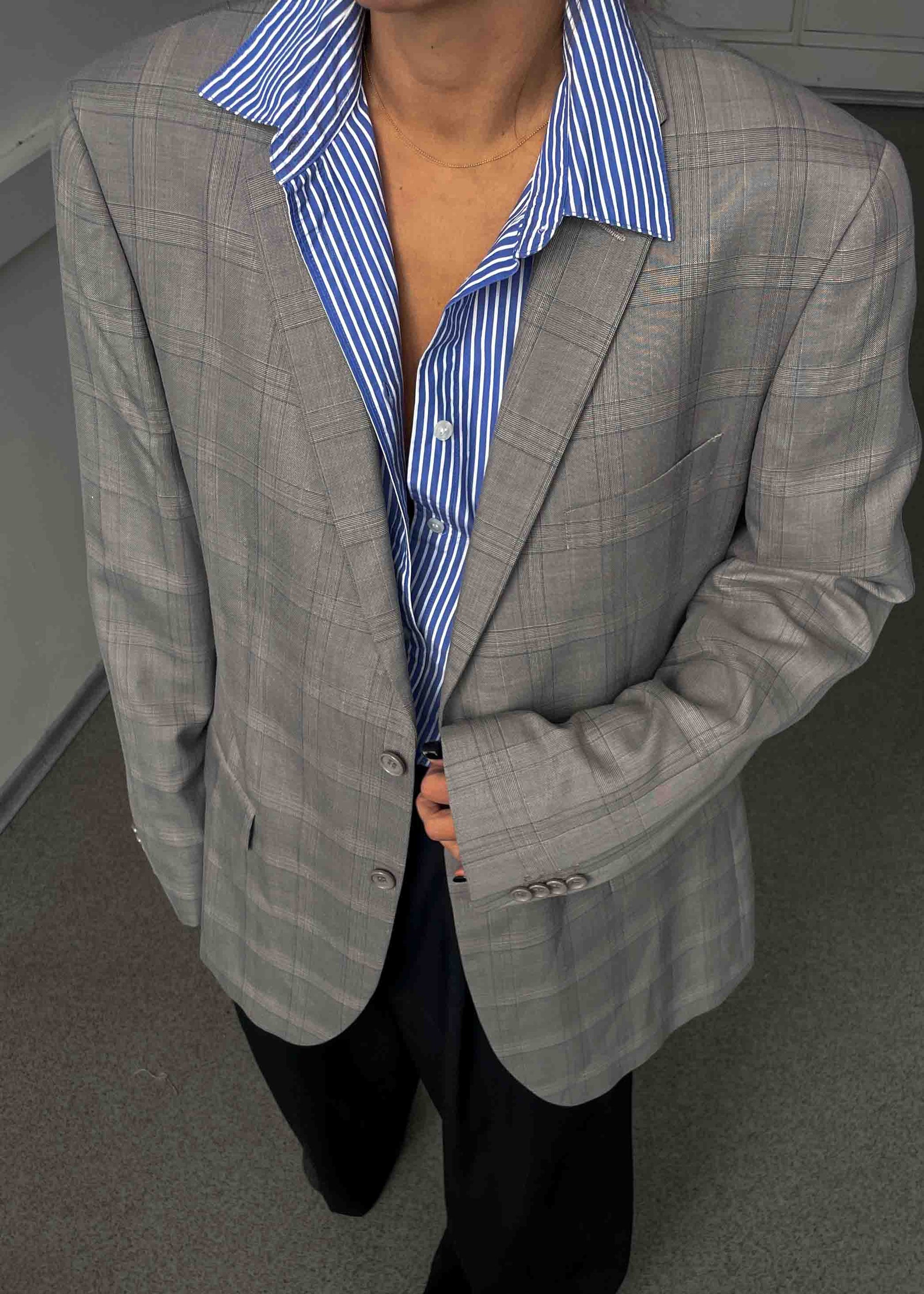 Vintage Light Grey Checked Oversized Blazer