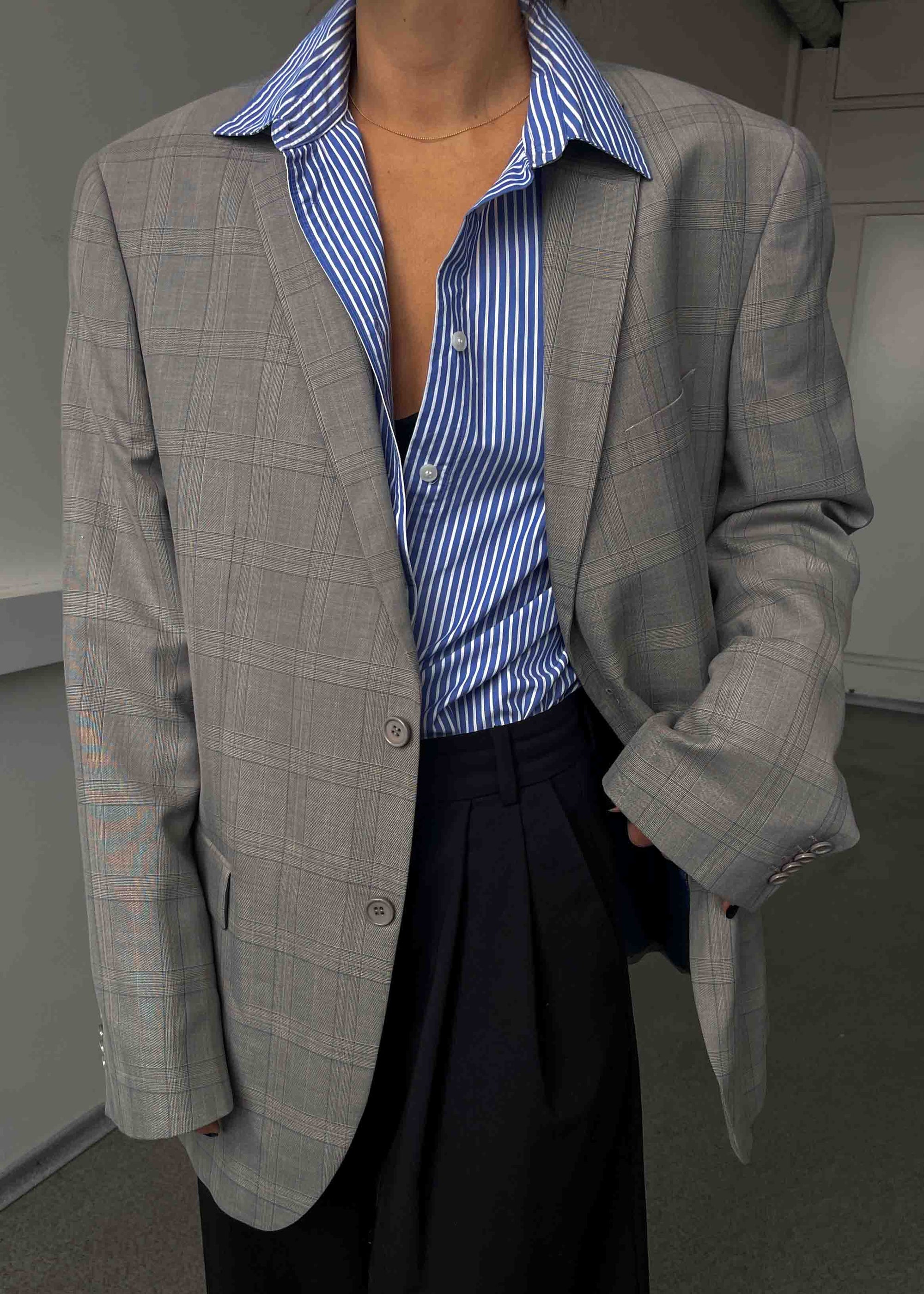 Vintage Light Grey Checked Oversized Blazer