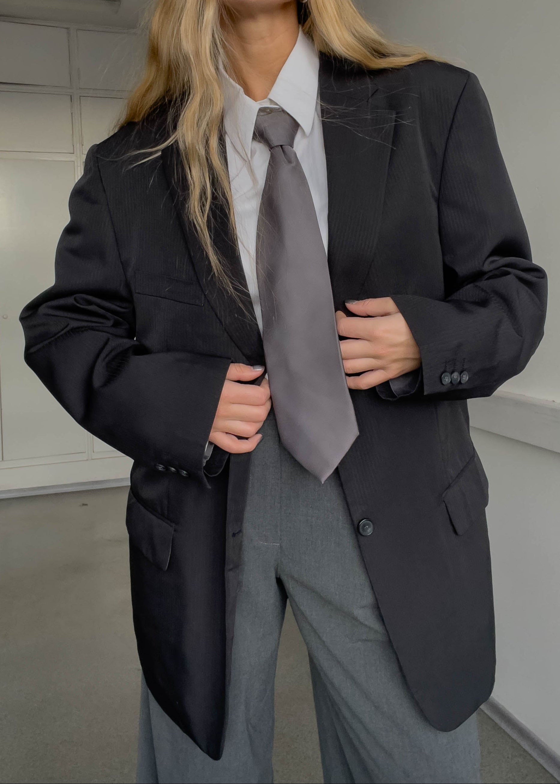 Vintage Dark Grey Striped Oversized Blazer