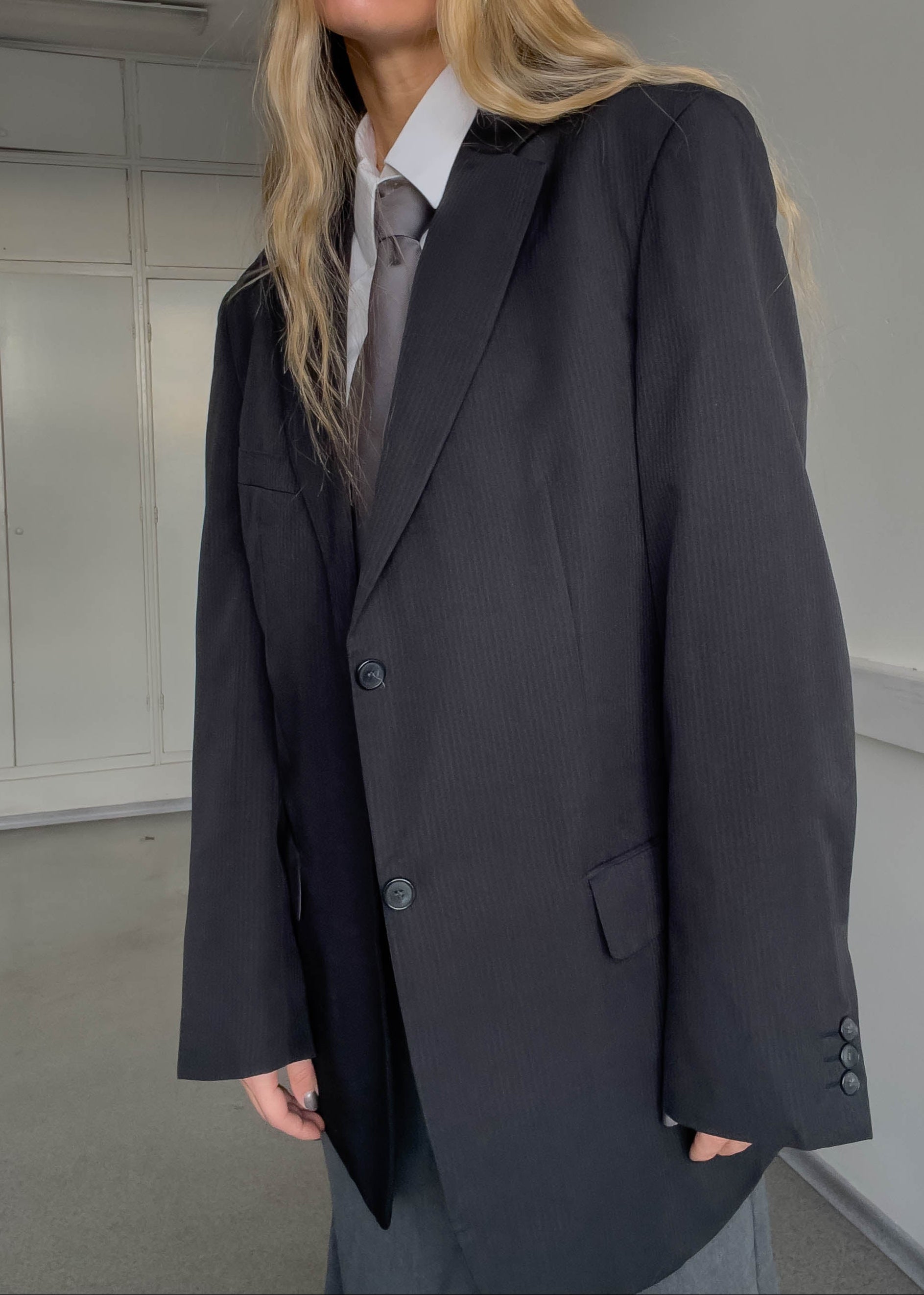 Vintage Dark Grey Striped Oversized Blazer