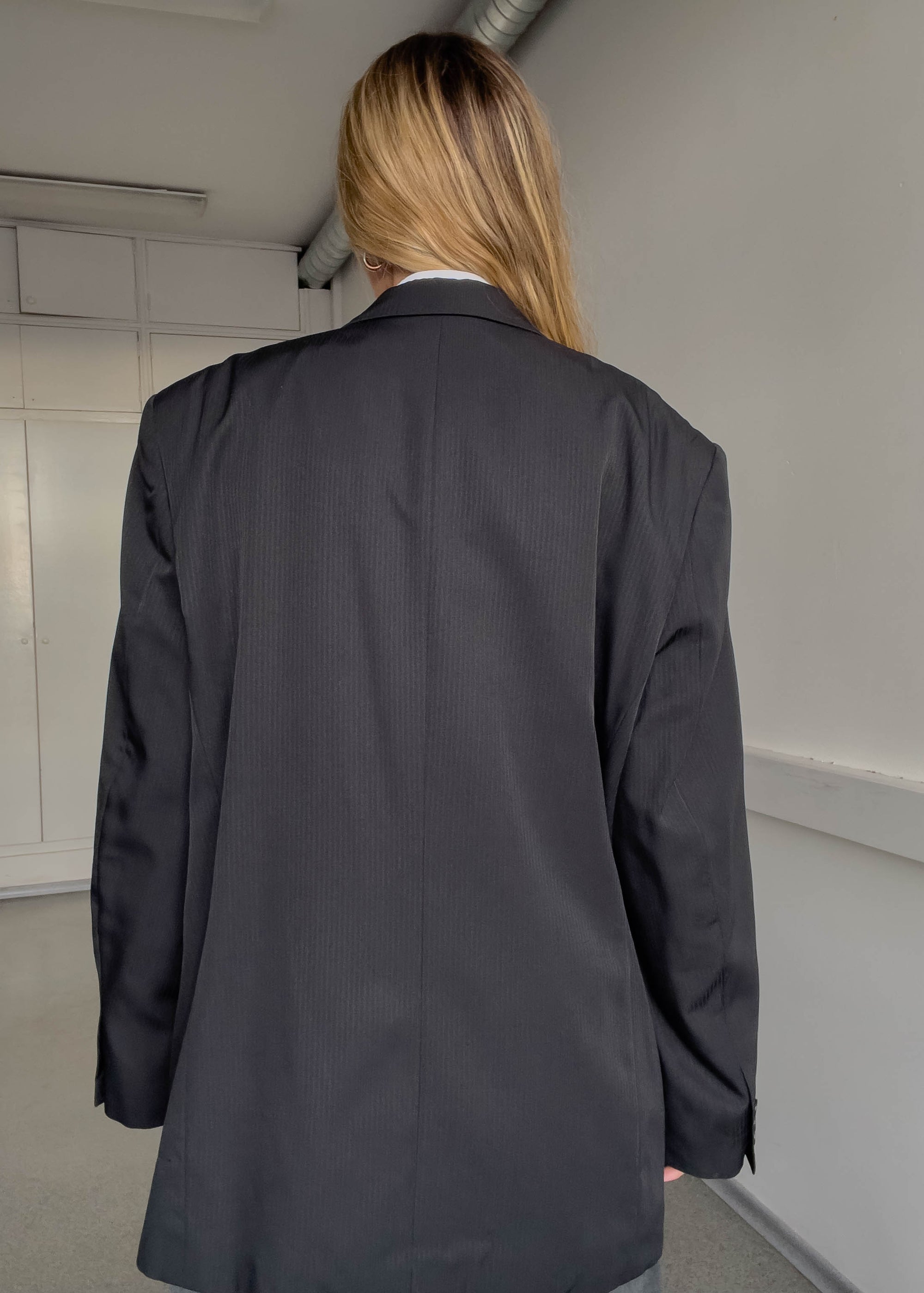 Vintage Dark Grey Striped Oversized Blazer