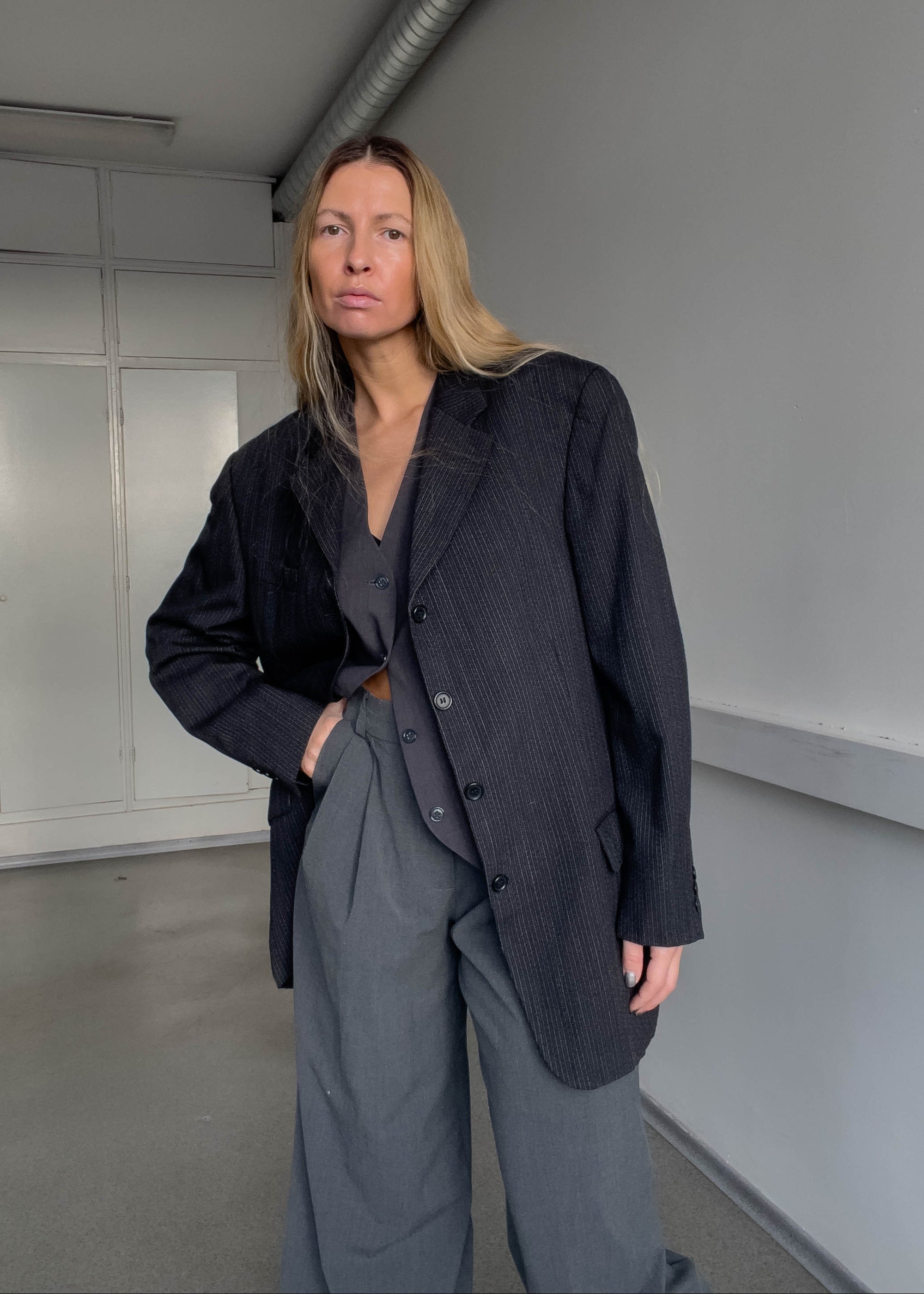 Vintage Black Stripy Oversized Blazer