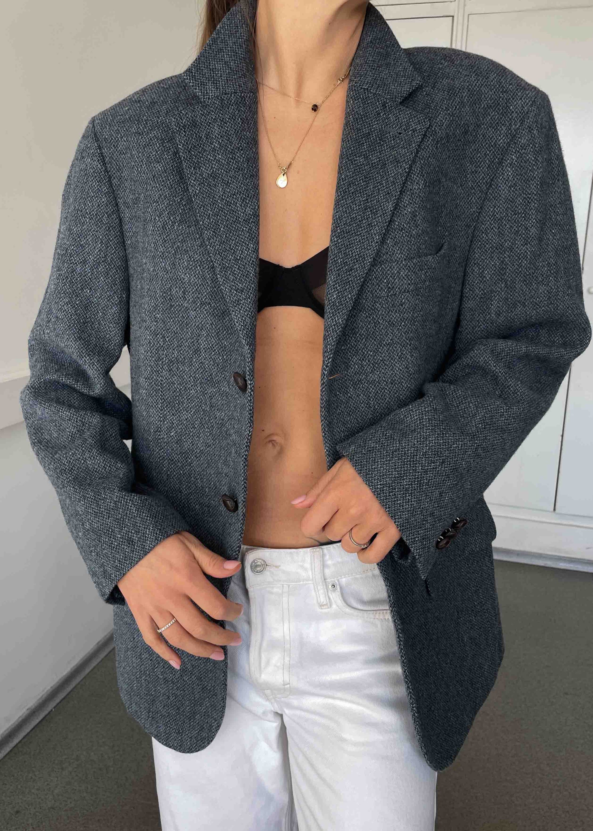 Vintage Light Blue Patterned Oversized 100% WOOL Blazer