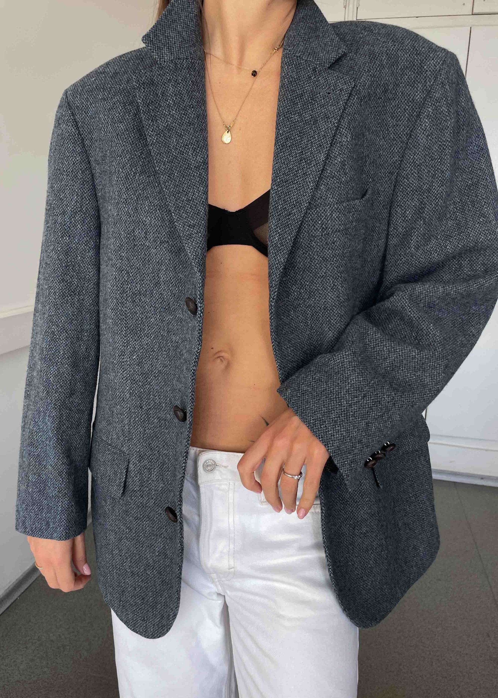Vintage Light Blue Patterned Oversized 100% WOOL Blazer