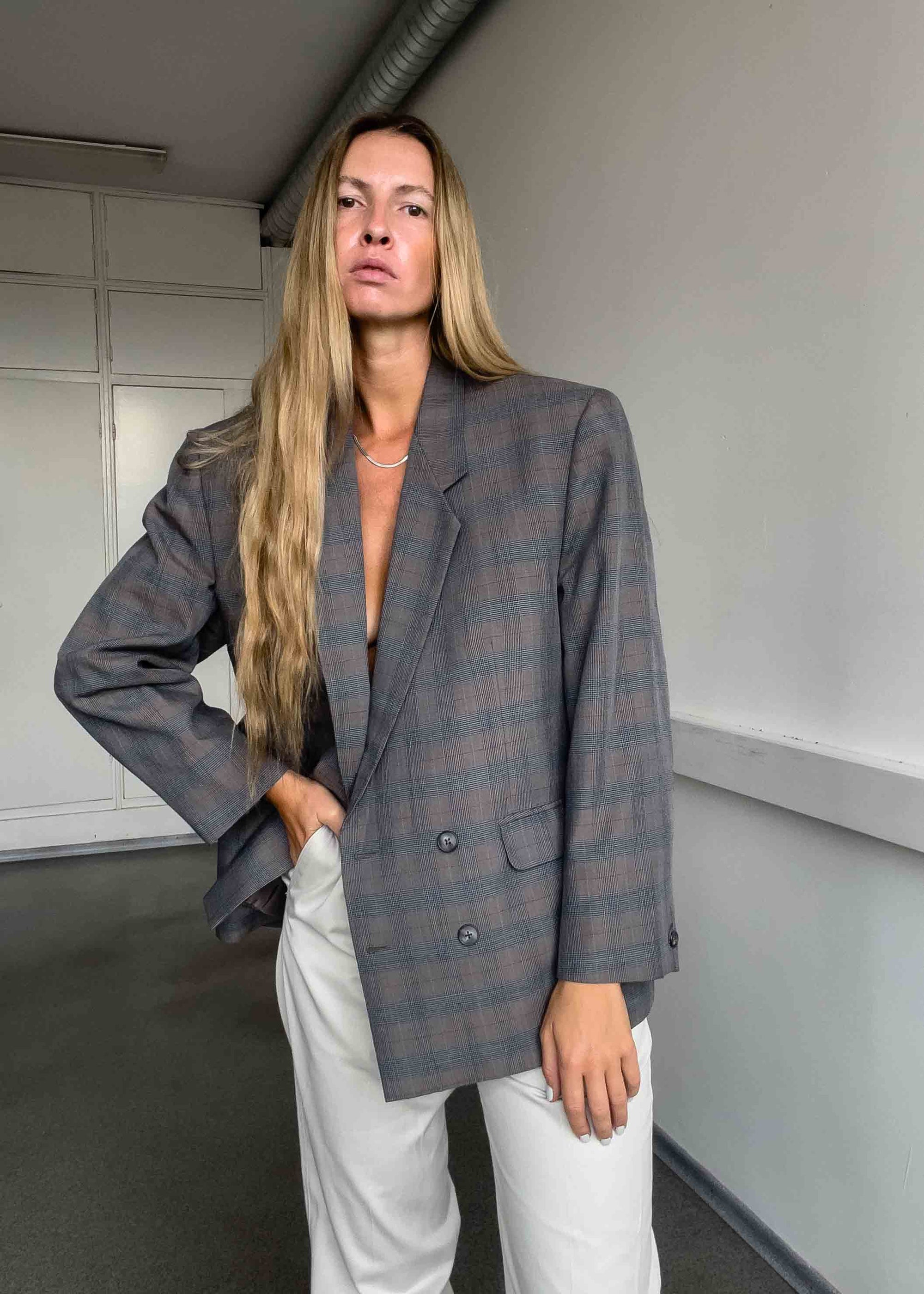 Vintage Grey/Blue Checked Oversized Double Breasted Blazer
