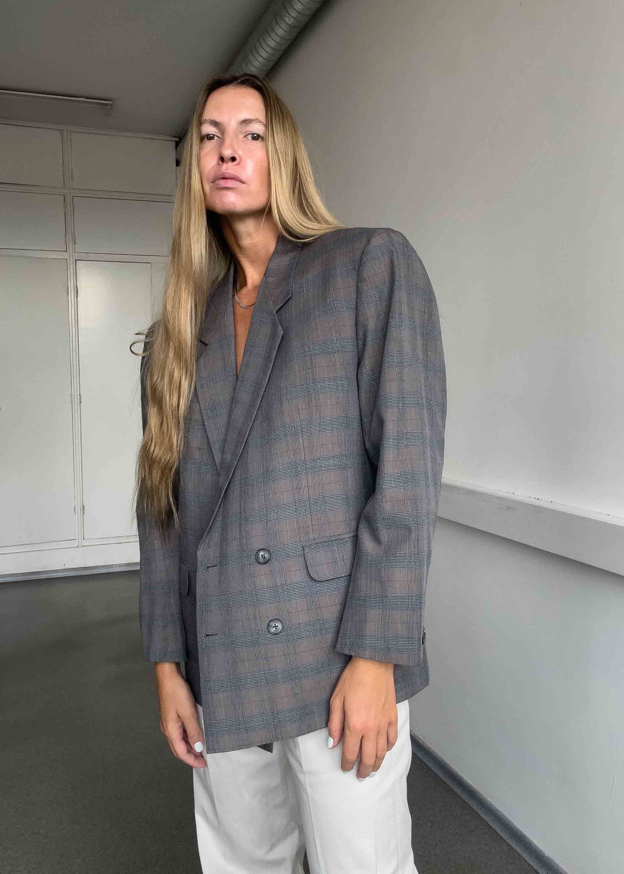 Vintage Grey/Blue Checked Oversized Double Breasted Blazer