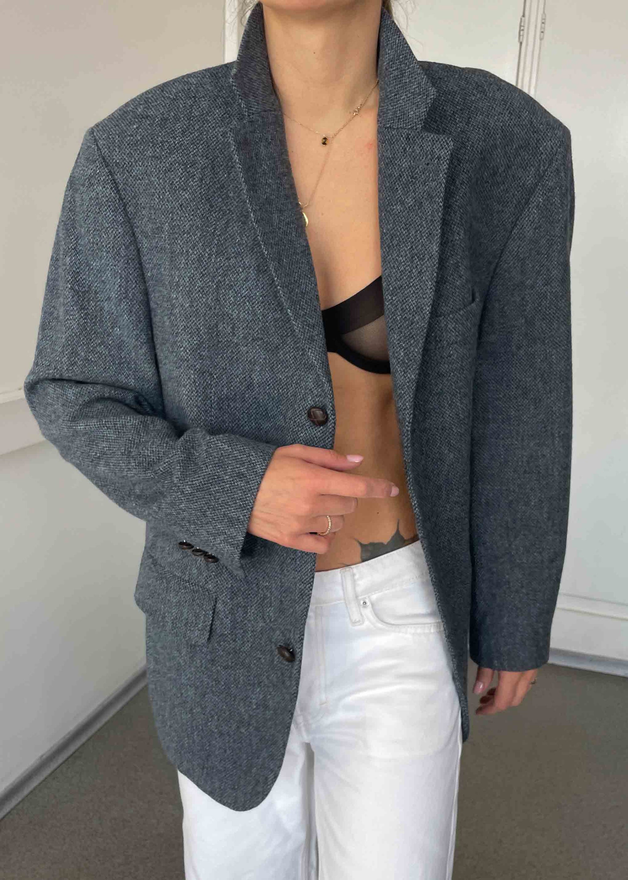 Vintage Light Blue Patterned Oversized 100% WOOL Blazer