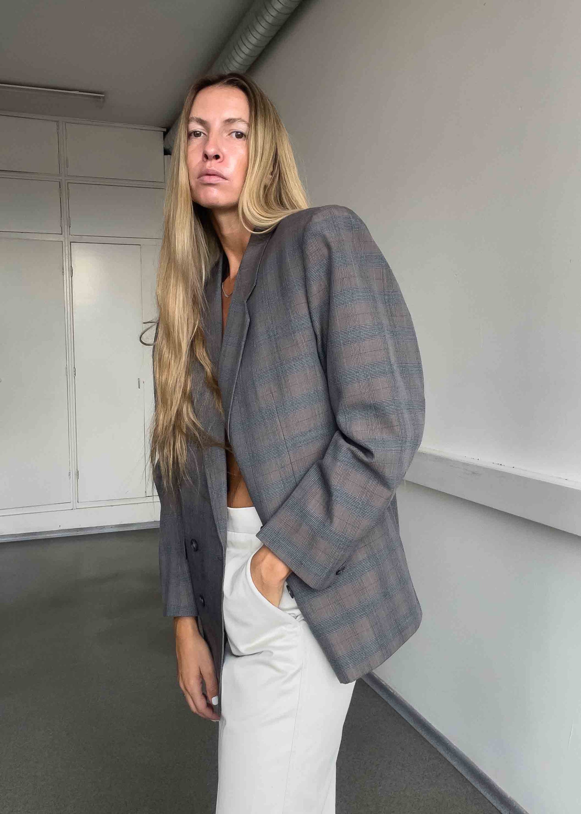 Vintage Grey/Blue Checked Oversized Double Breasted Blazer