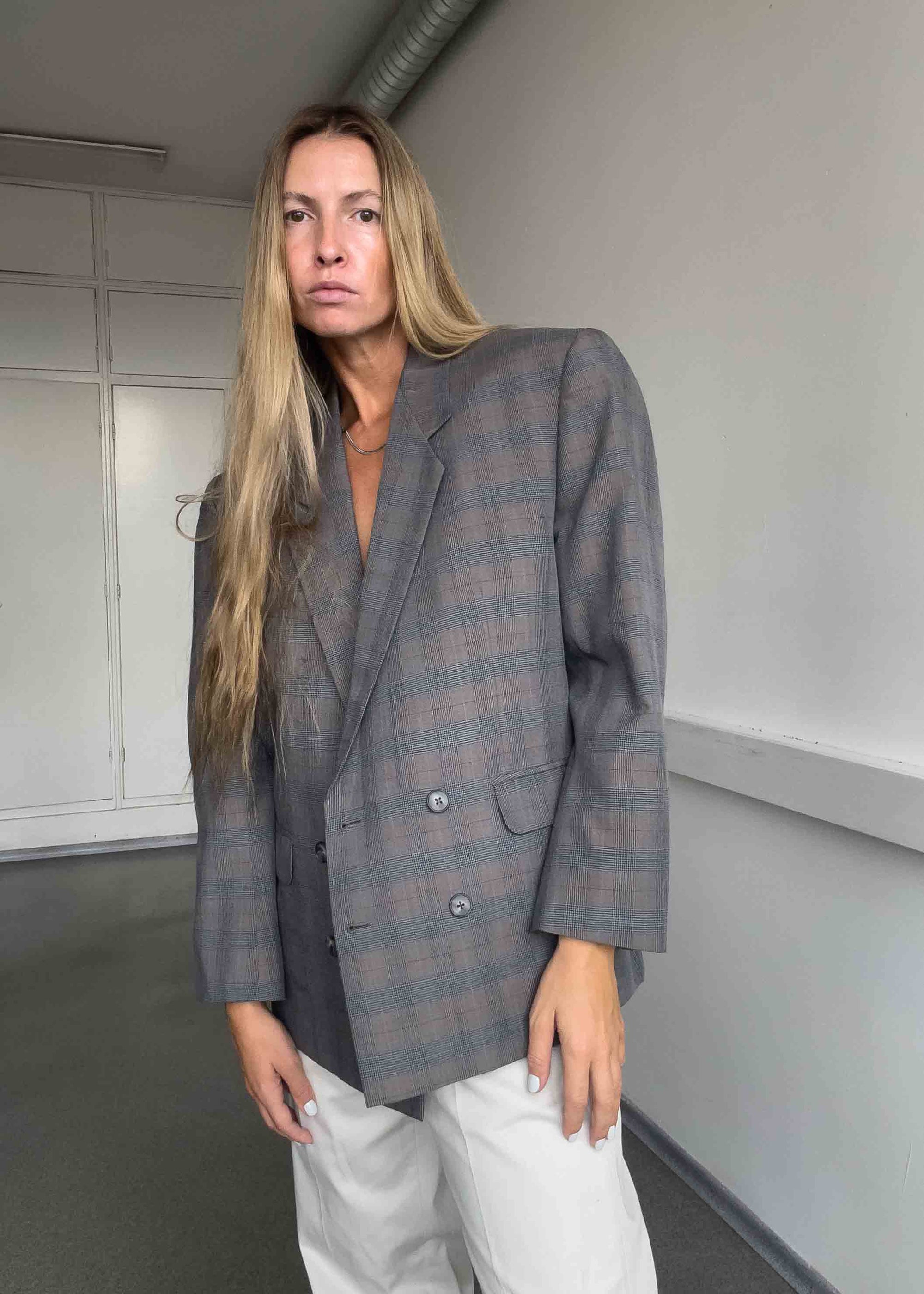 Vintage Grey/Blue Checked Oversized Double Breasted Blazer