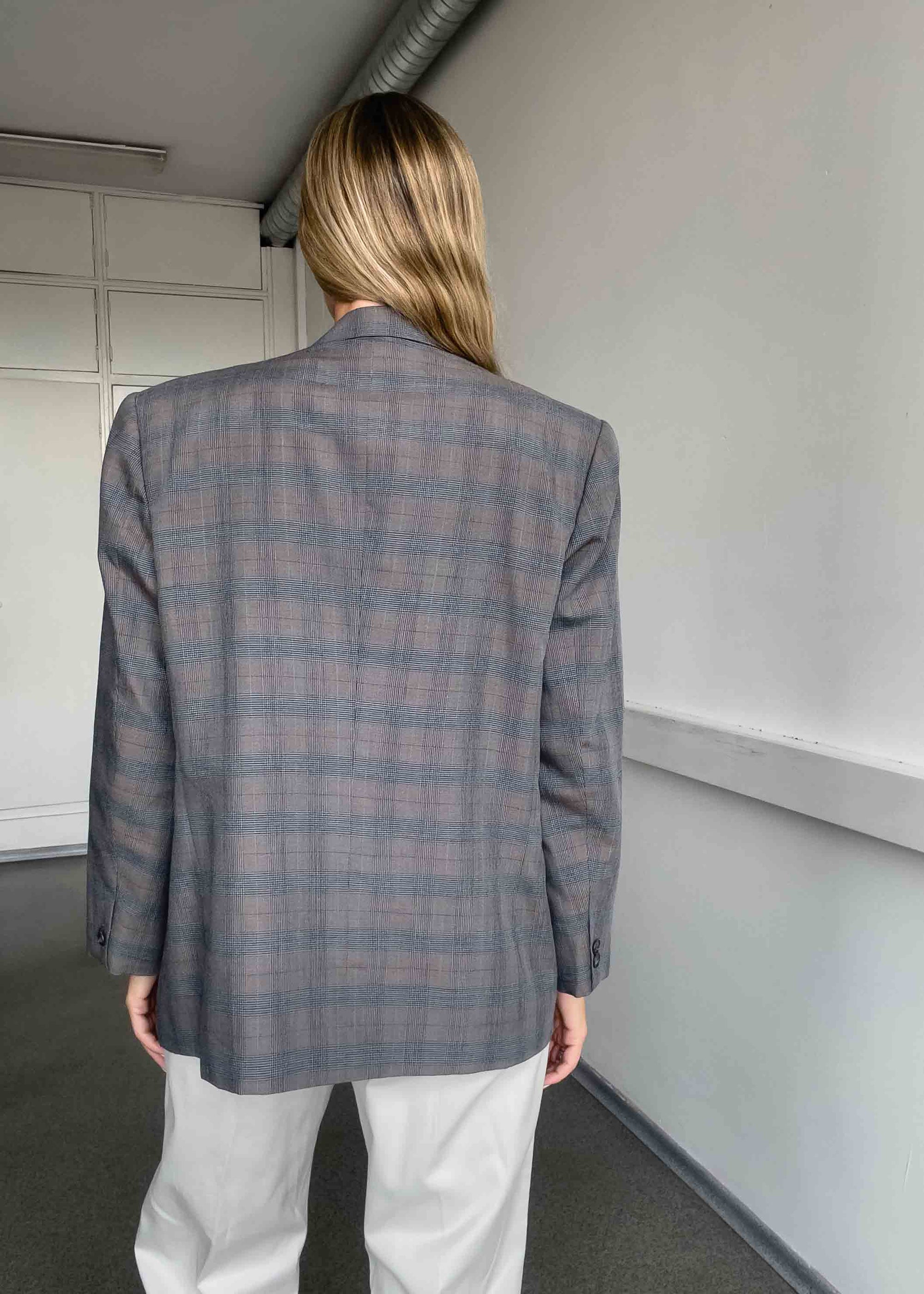 Vintage Grey/Blue Checked Oversized Double Breasted Blazer