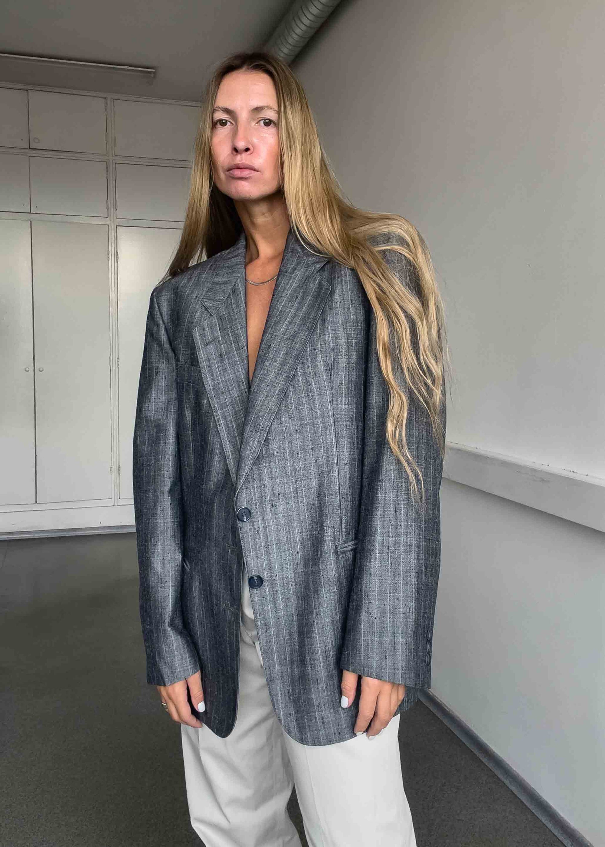 Vintage Grey Stripy Oversized Blazer