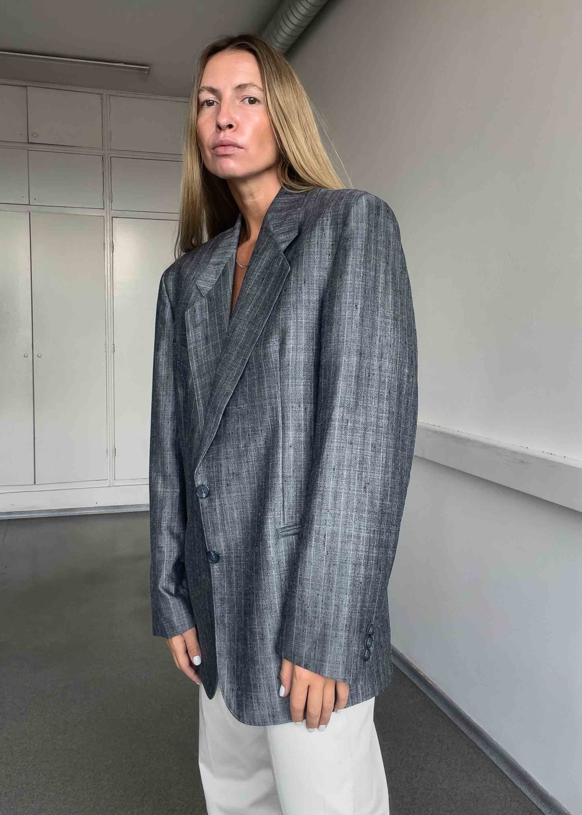 Vintage Grey Stripy Oversized Blazer