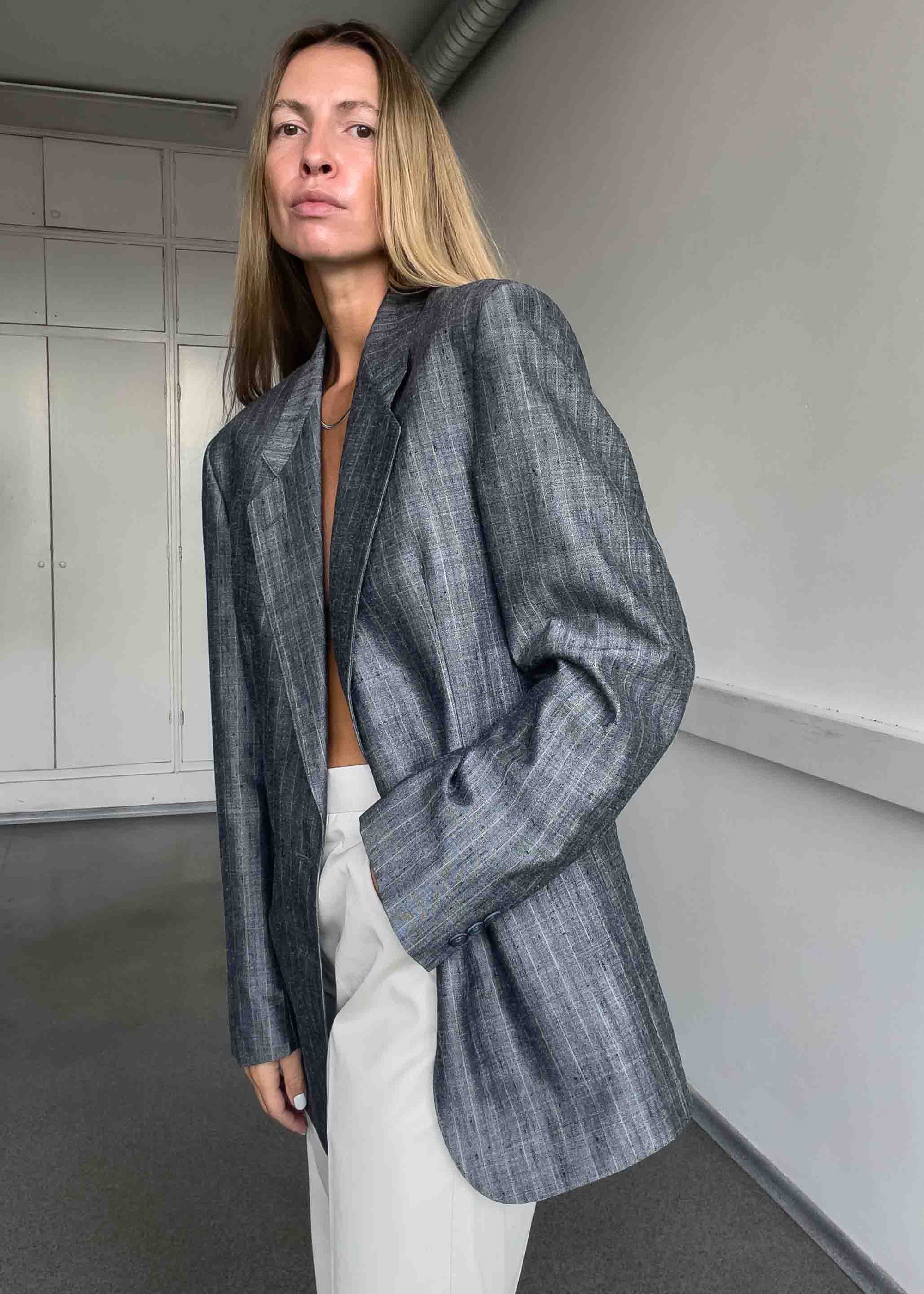 Vintage Grey Stripy Oversized Blazer