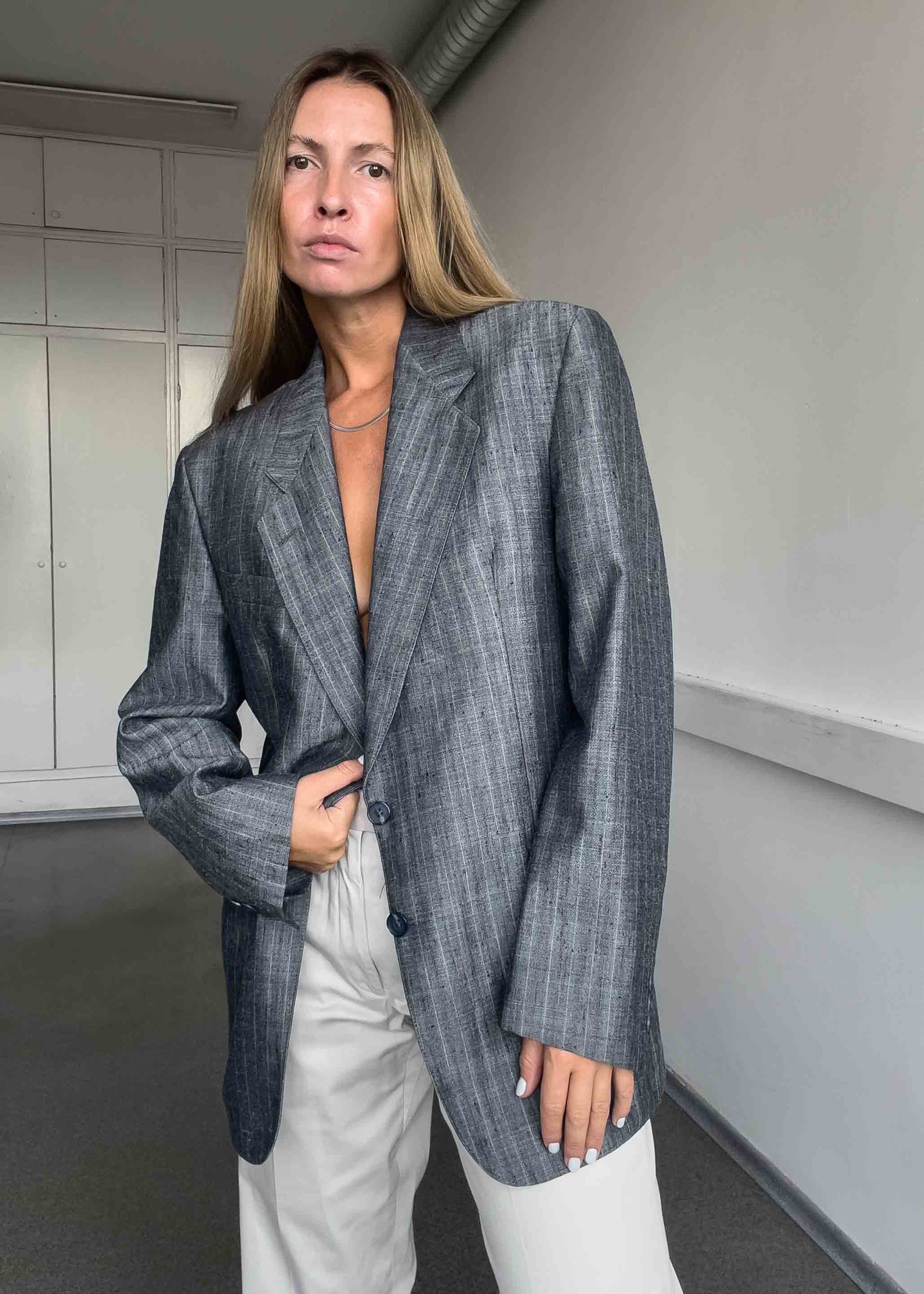 Vintage Grey Stripy Oversized Blazer