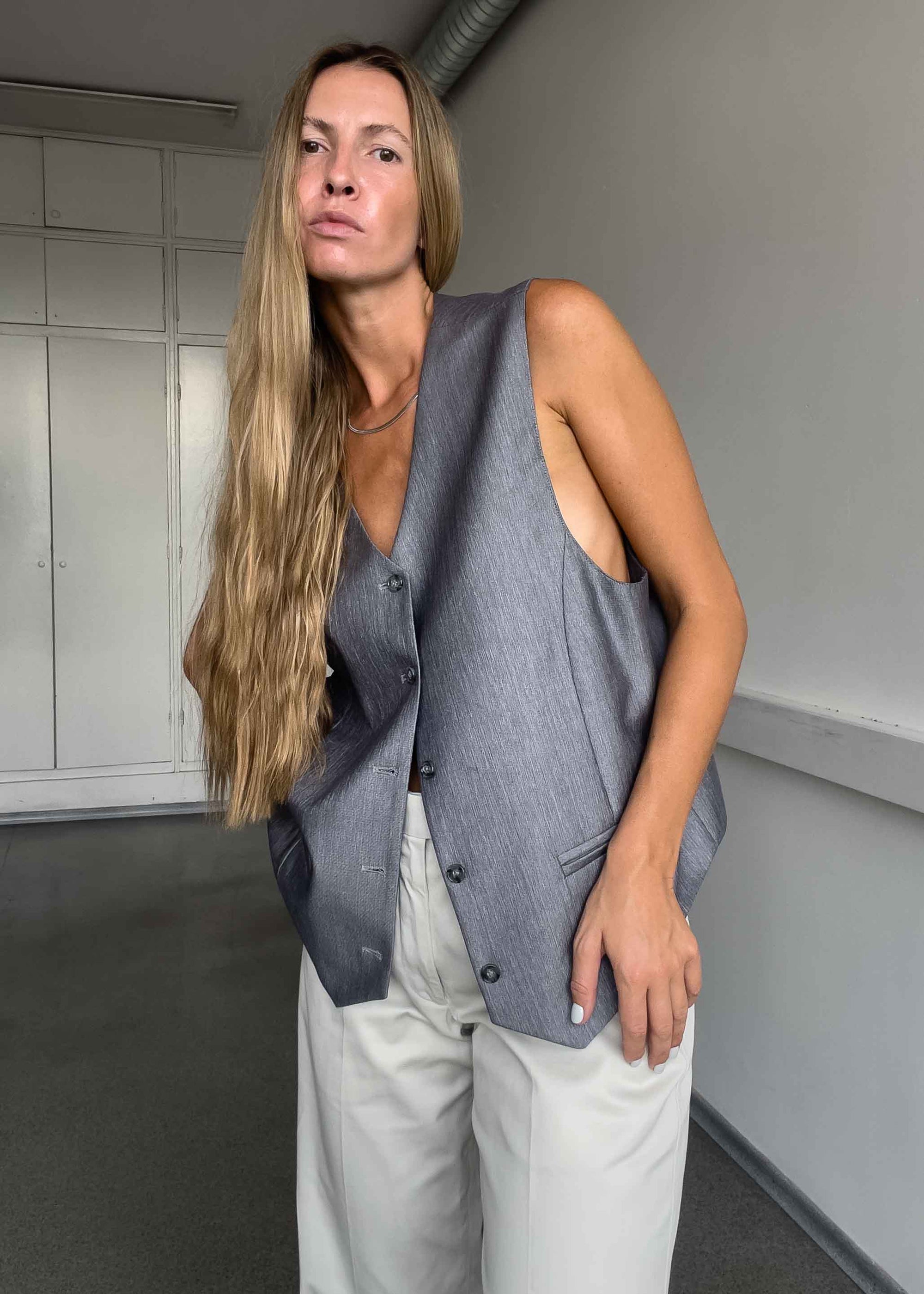 Vintage Grey Shiny Oversized Classy Vest
