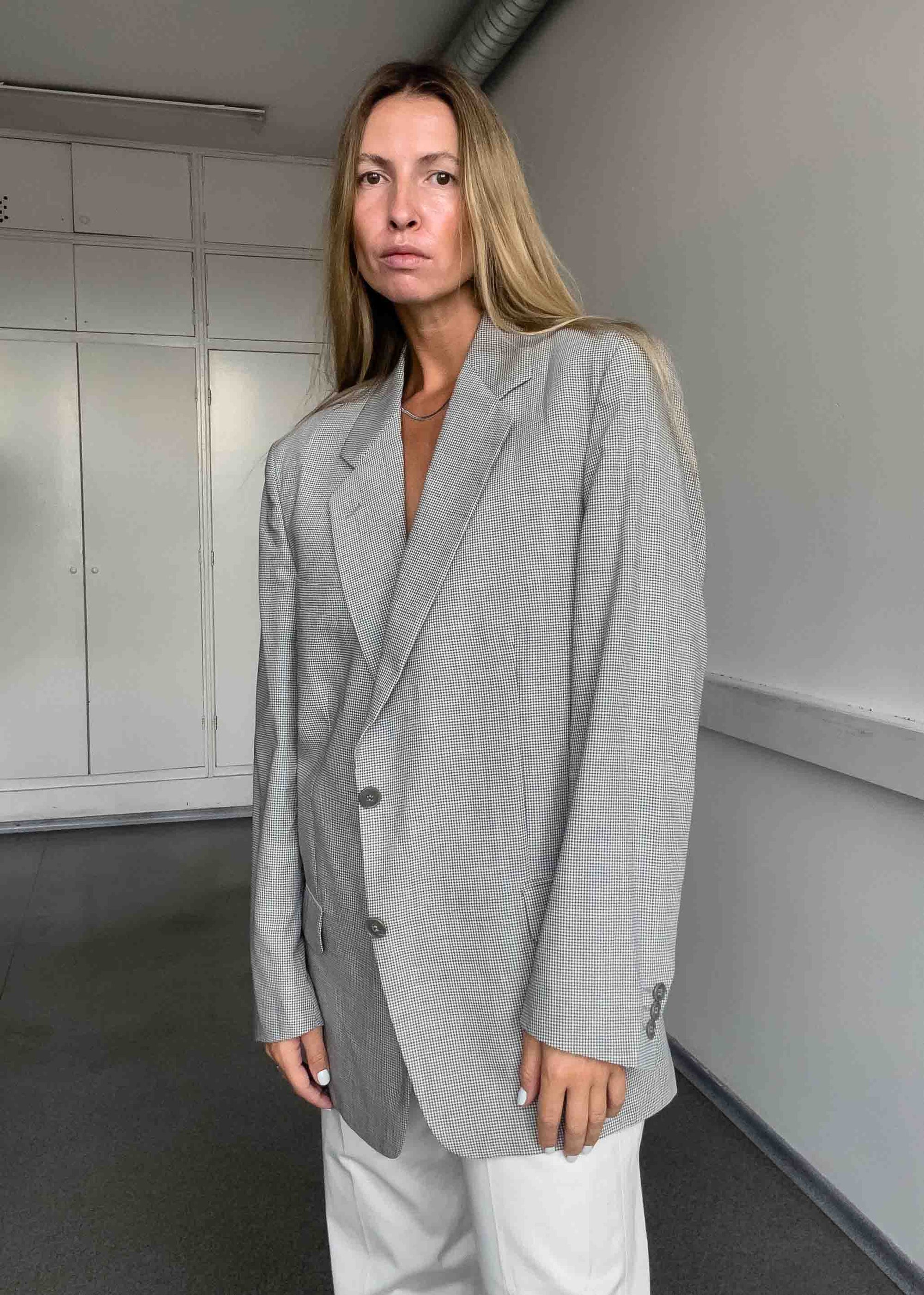 Vintage Grey Checked Oversized Blazer