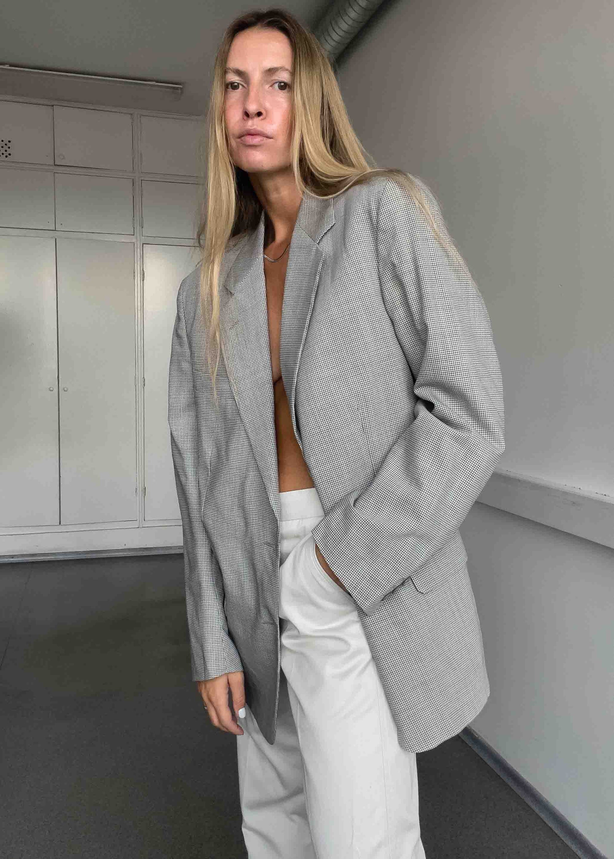 Vintage Grey Checked Oversized Blazer