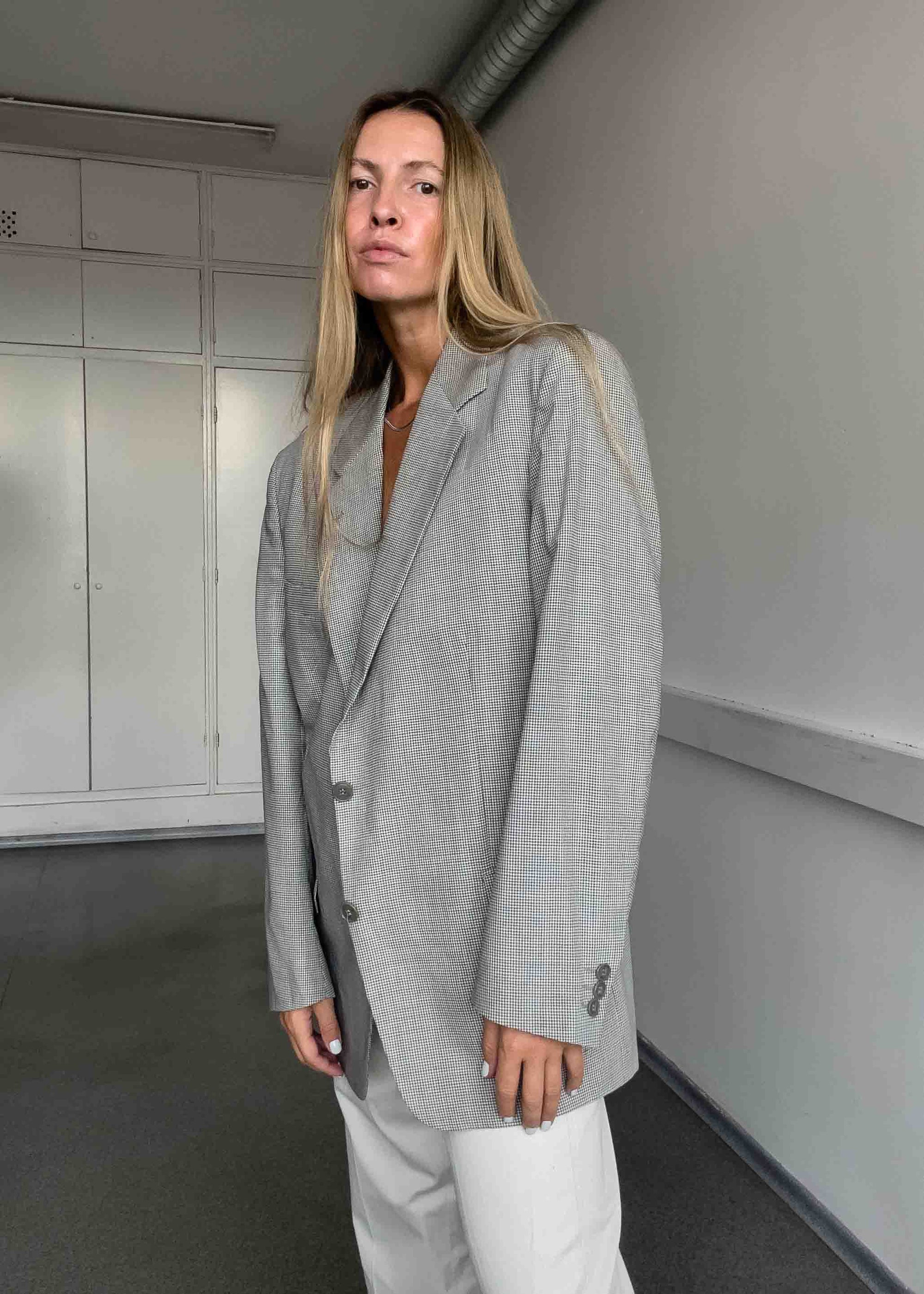 Vintage Grey Checked Oversized Blazer