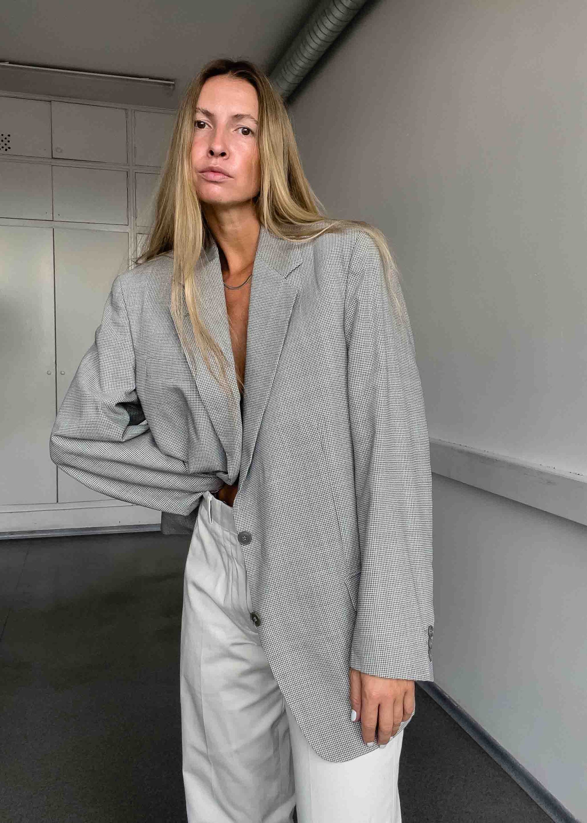 Vintage Grey Checked Oversized Blazer