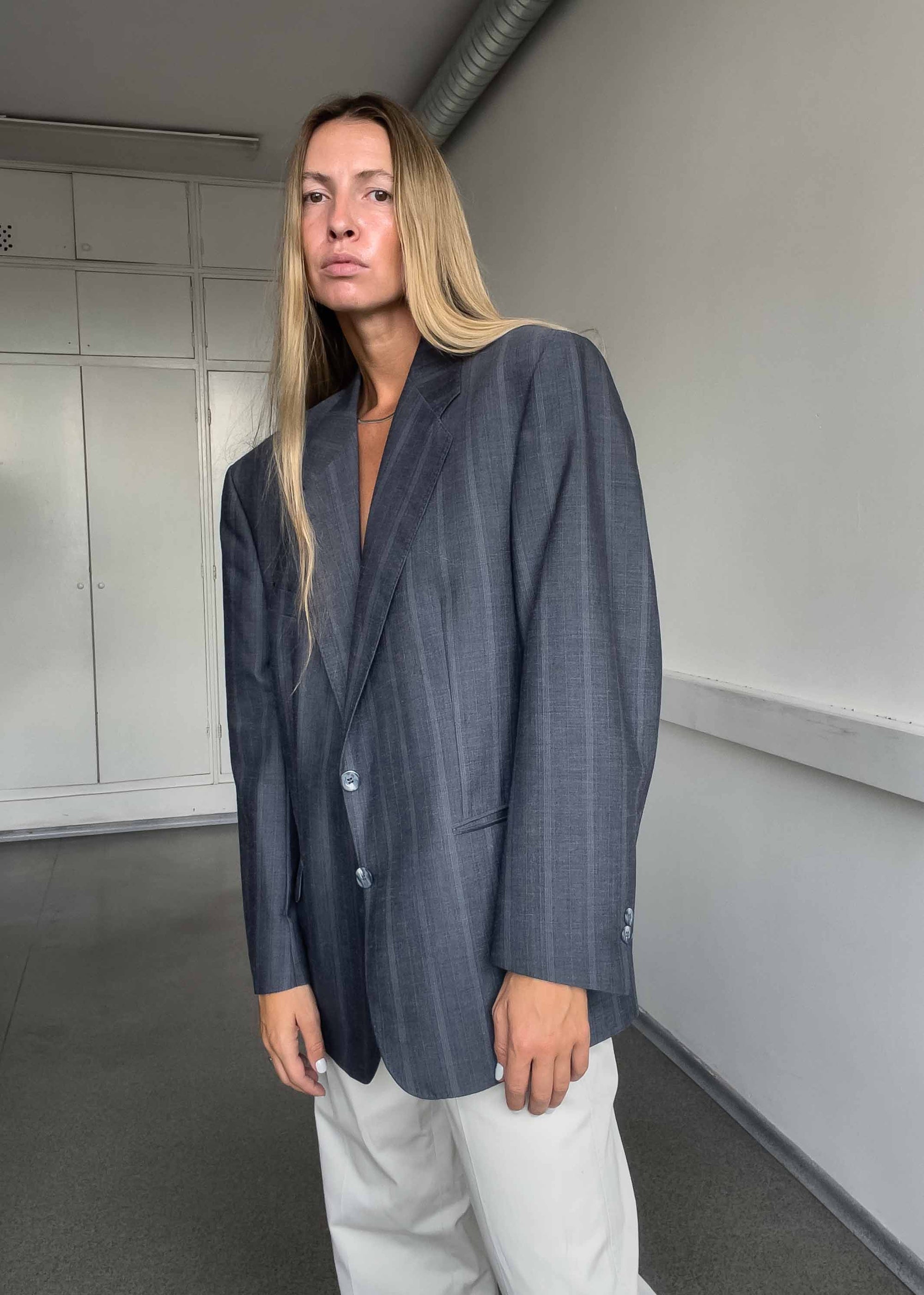 Vintage Grey/Blue Stripy Oversized Blazer