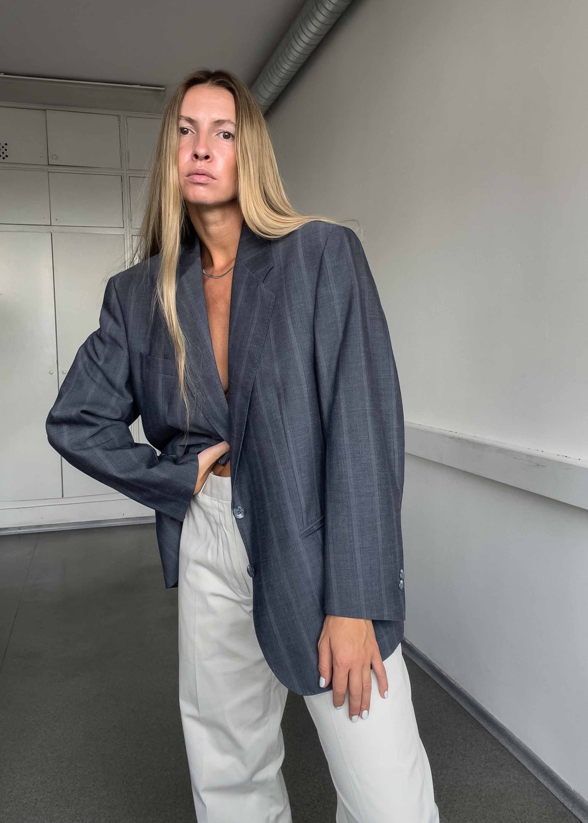 Vintage Grey/Blue Stripy Oversized Blazer