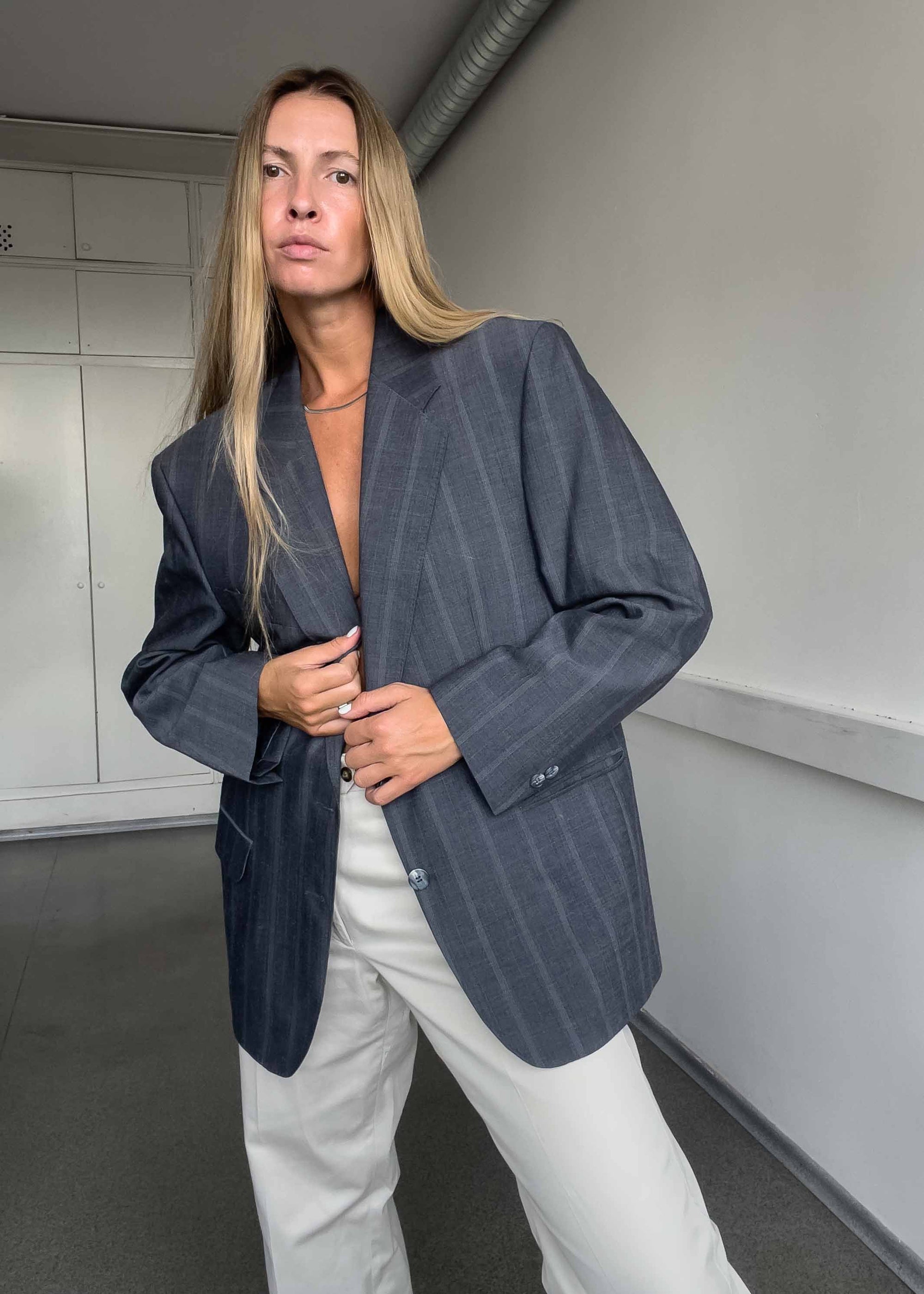 Vintage Grey/Blue Stripy Oversized Blazer