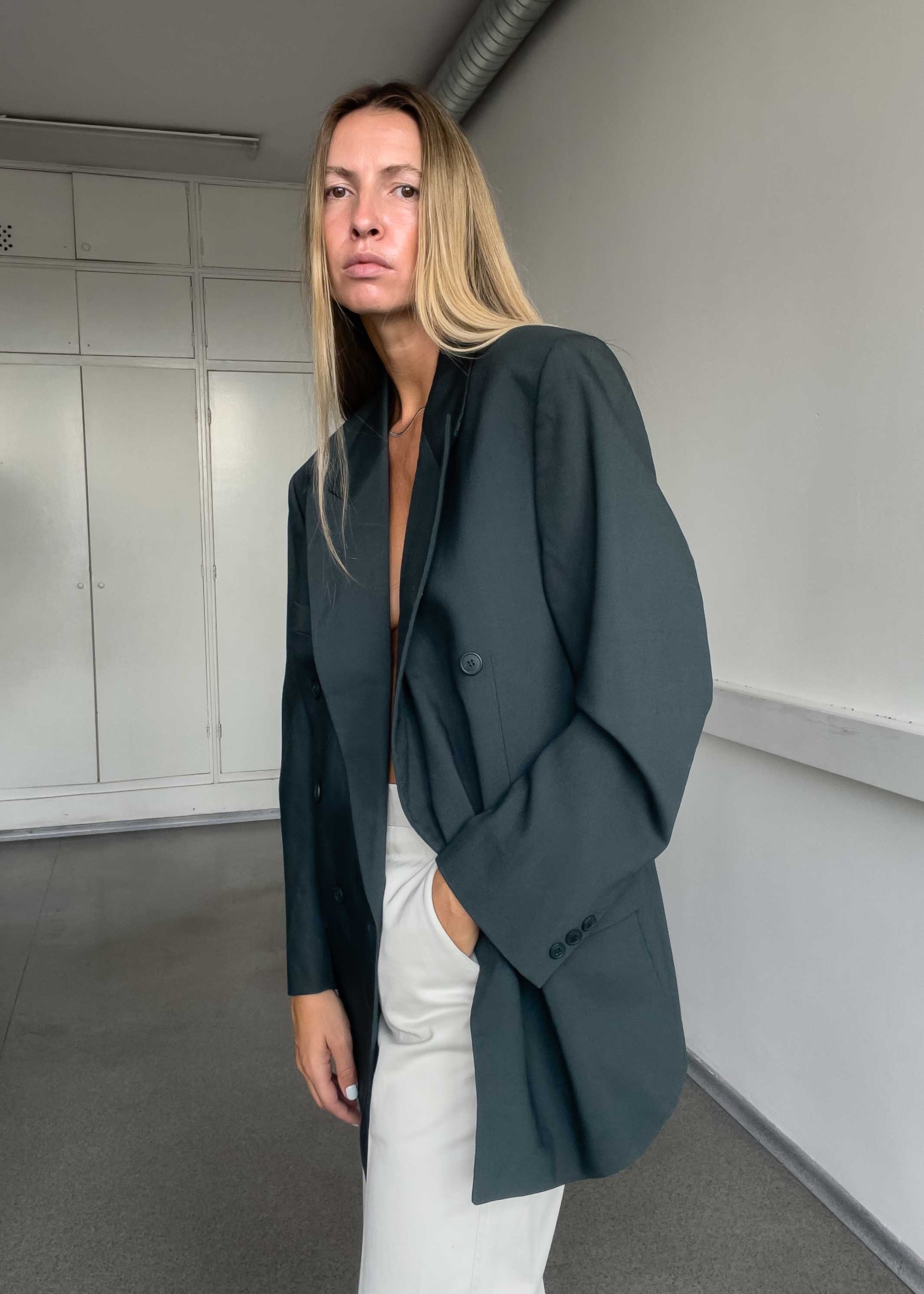 Vintage Green Oversized Double Breasted Blazer