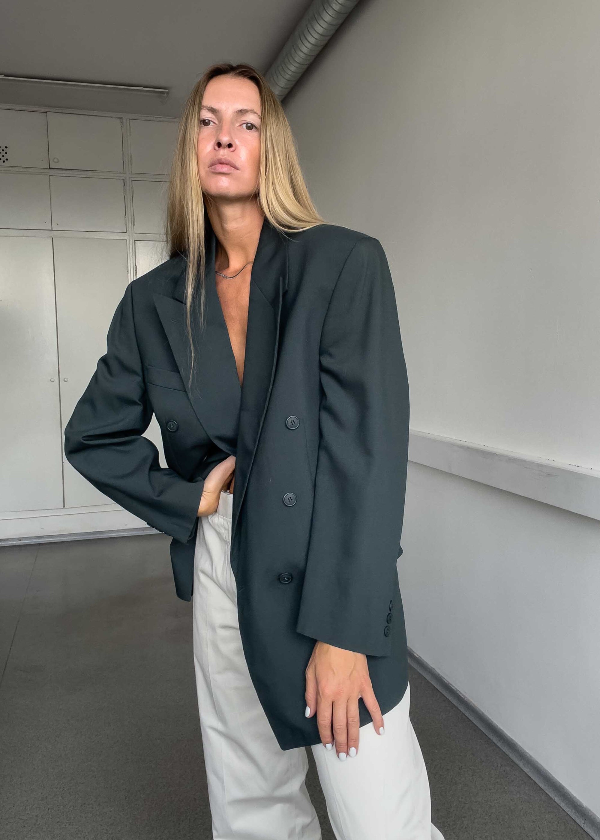 Vintage Green Oversized Double Breasted Blazer