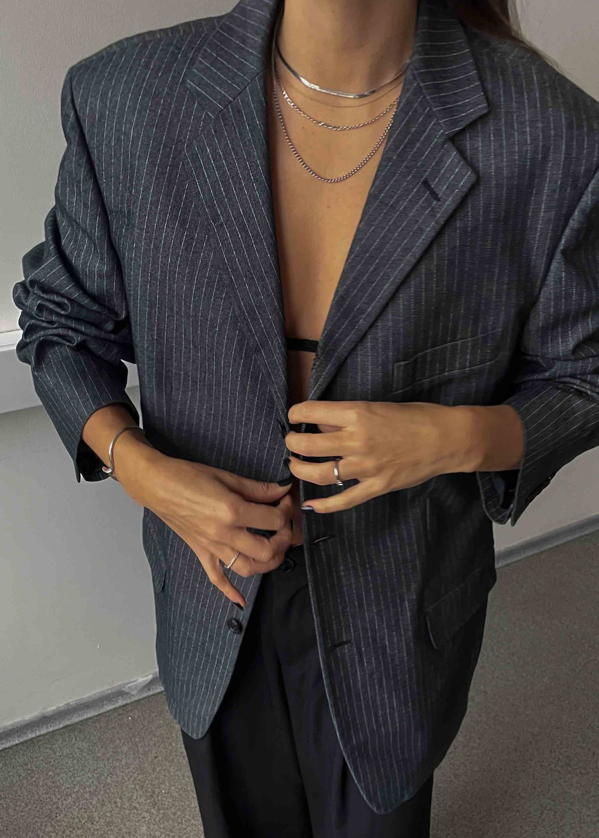 Vintage Silver Grey Stripy Oversized Festive Blazer