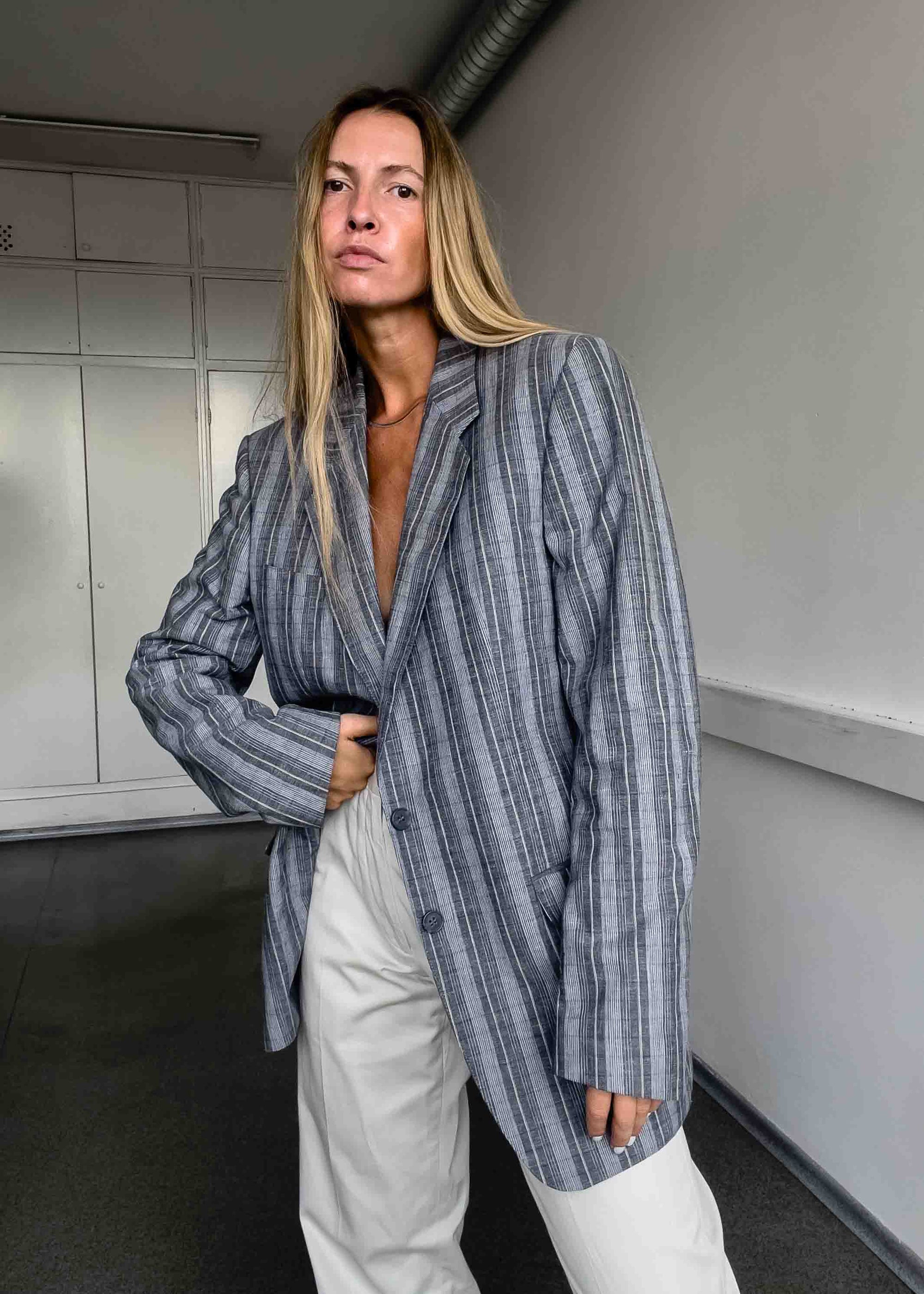 Vintage Grey Checked Oversized Blazer