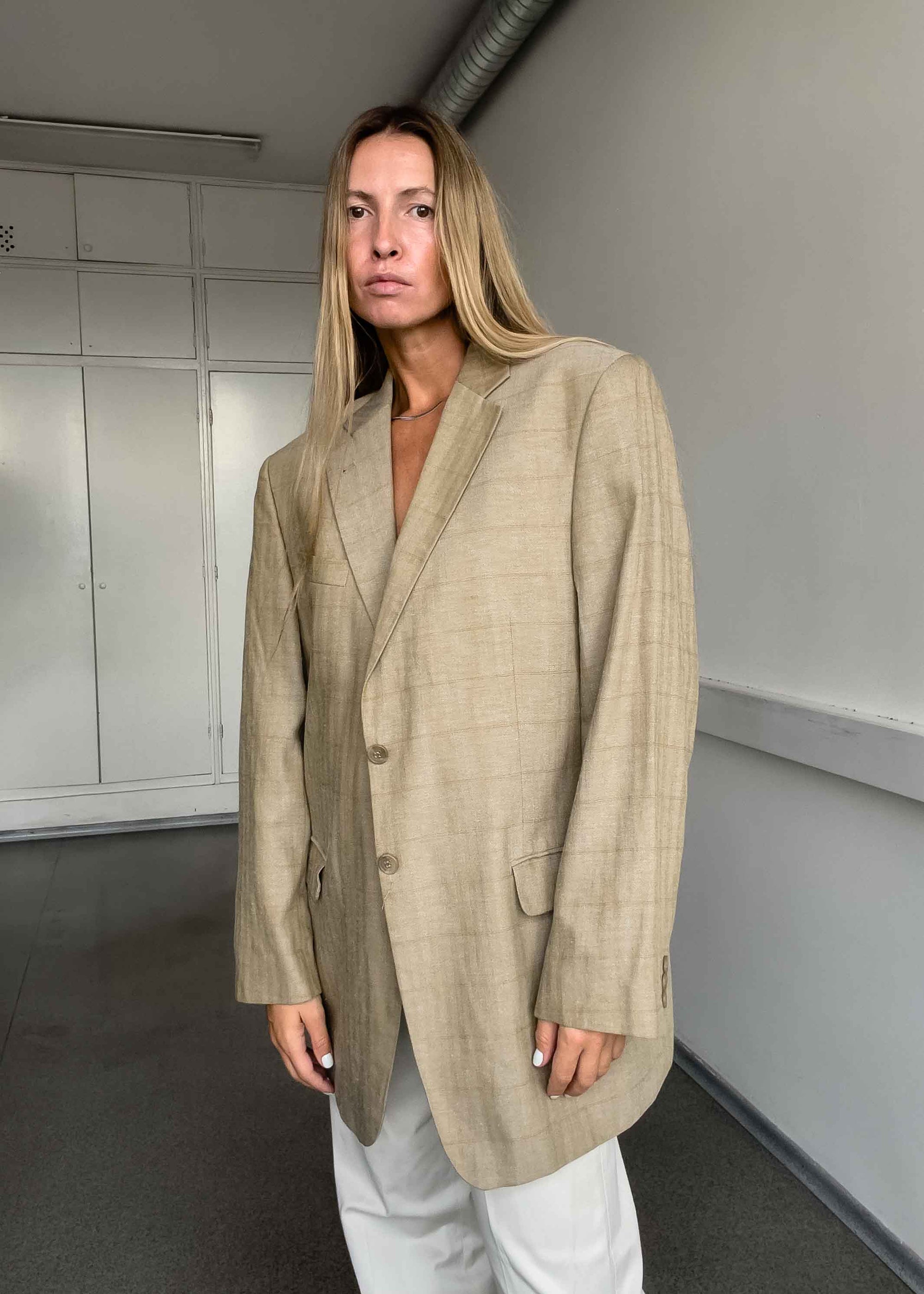 Vintage Beige Checked Oversized Blazer