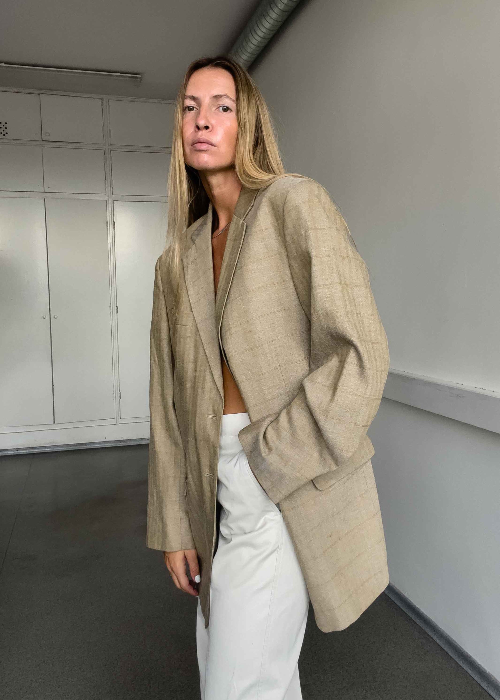Vintage Beige Checked Oversized Blazer