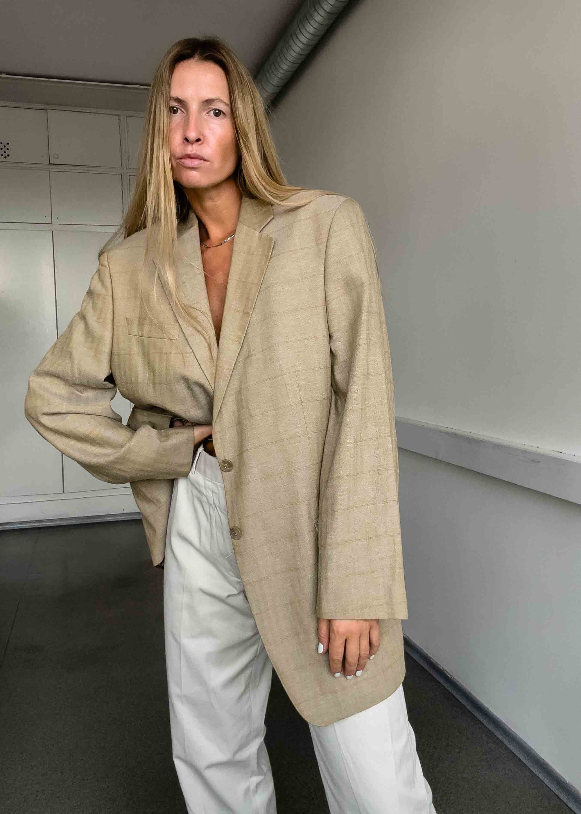 Vintage Beige Checked Oversized Blazer