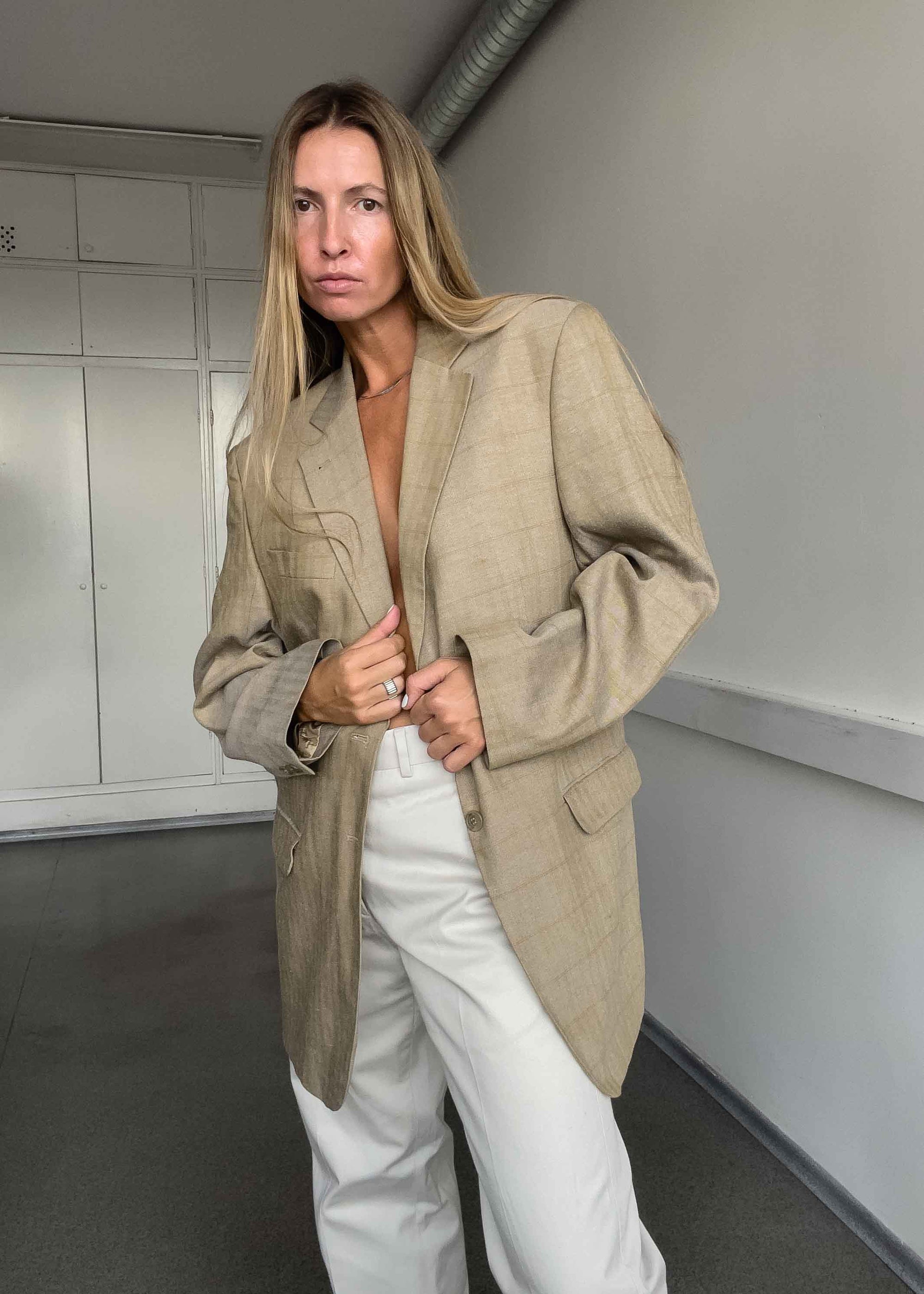 Vintage Beige Checked Oversized Blazer
