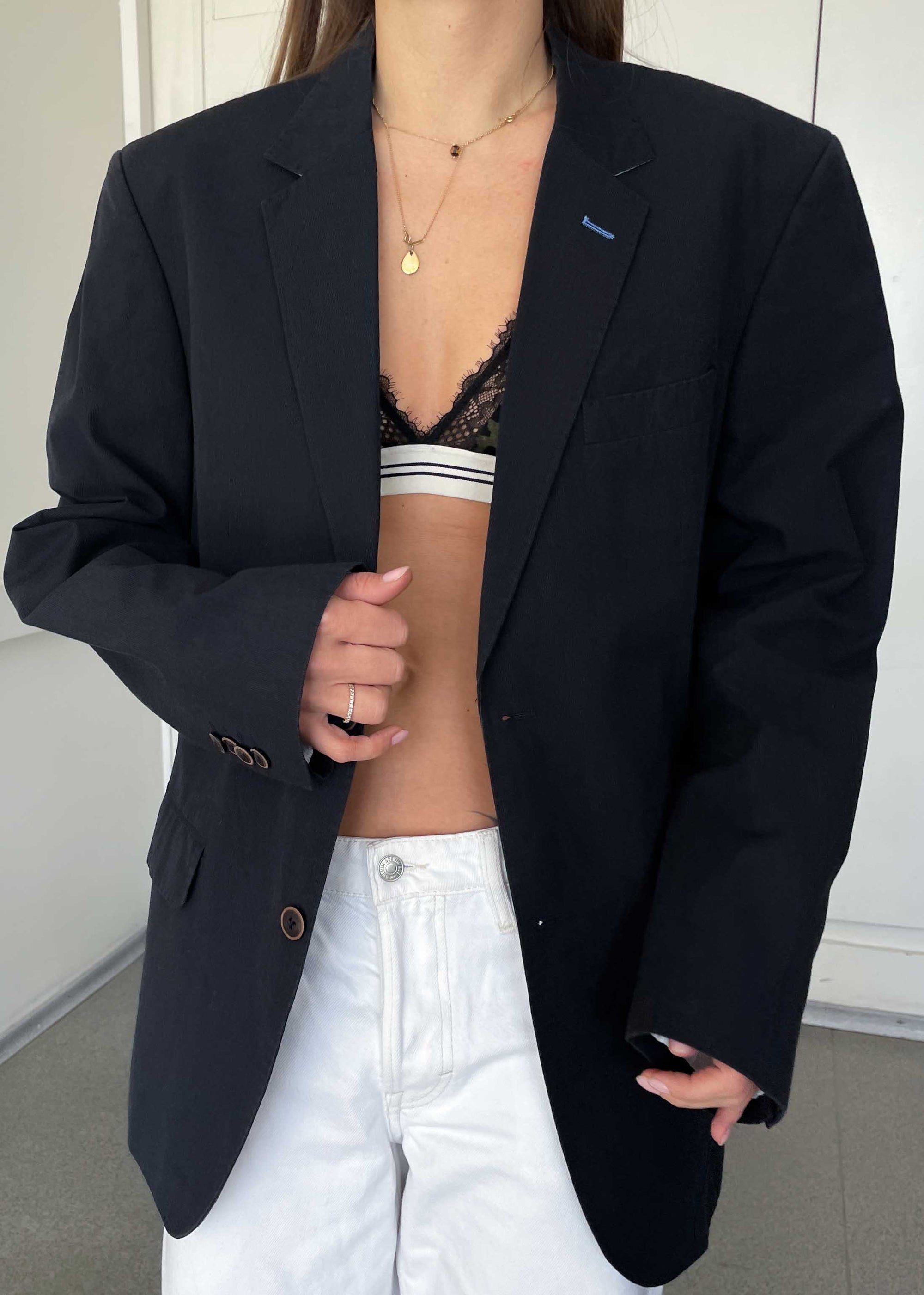 Vintage Dark Blue Patterned Oversized 100% Cotton Blazer