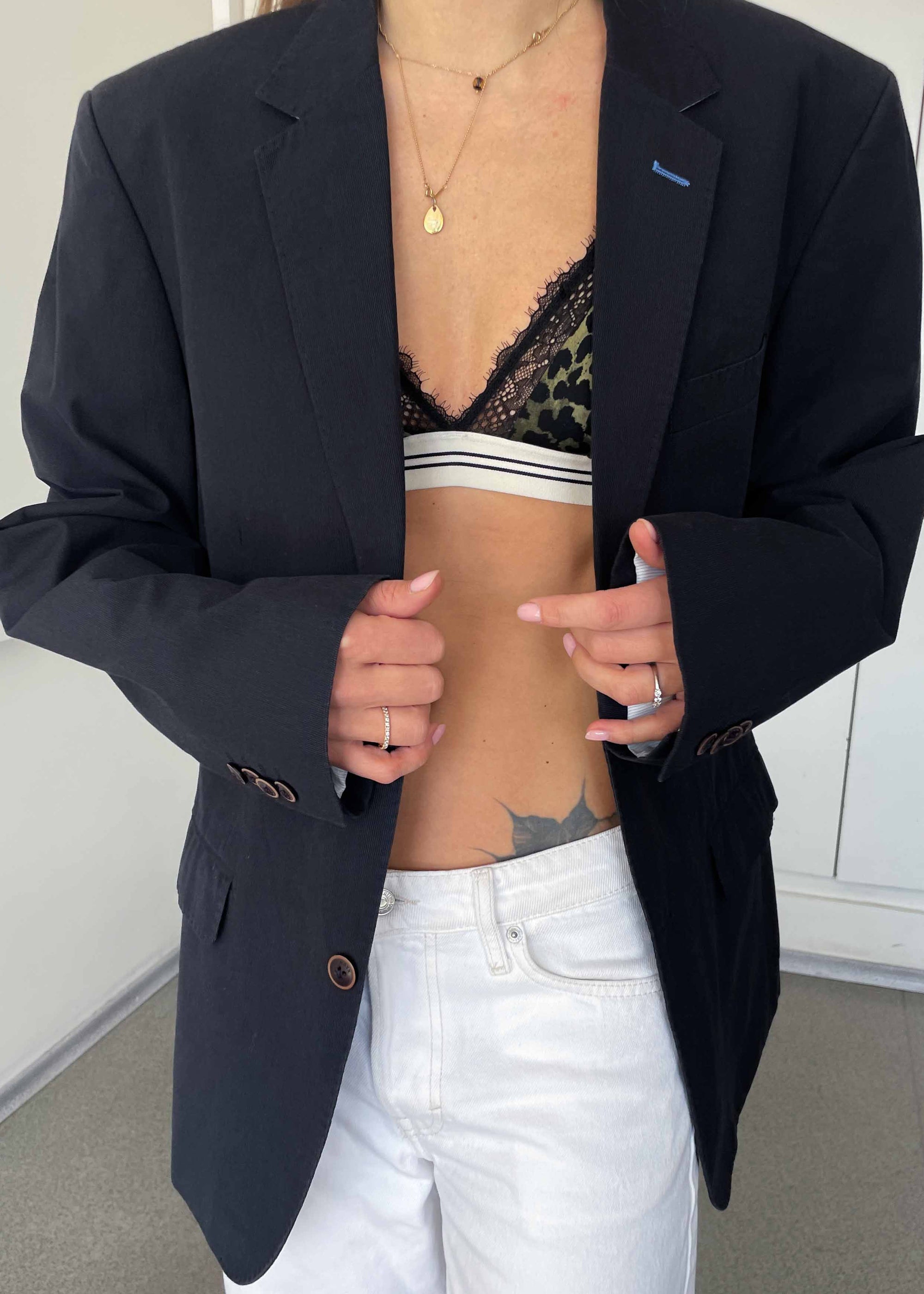 Vintage Dark Blue Patterned Oversized 100% Cotton Blazer