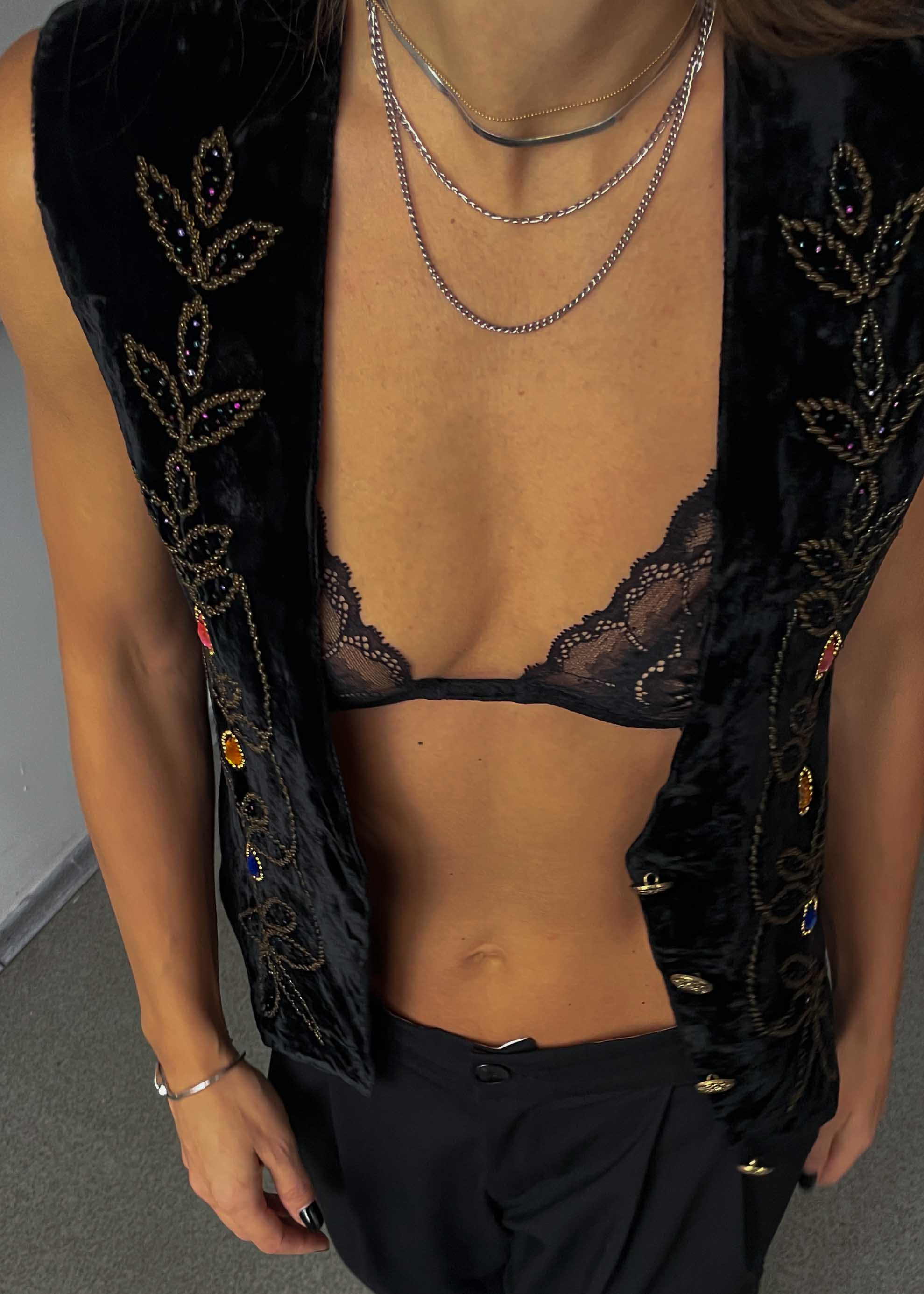 Vintage Black Velvet Embroided Festive Vest