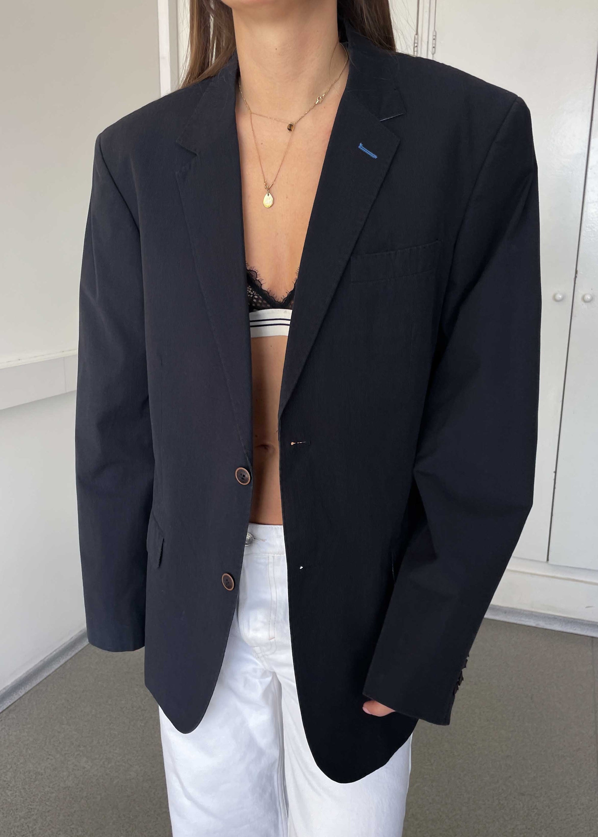 Vintage Dark Blue Patterned Oversized 100% Cotton Blazer