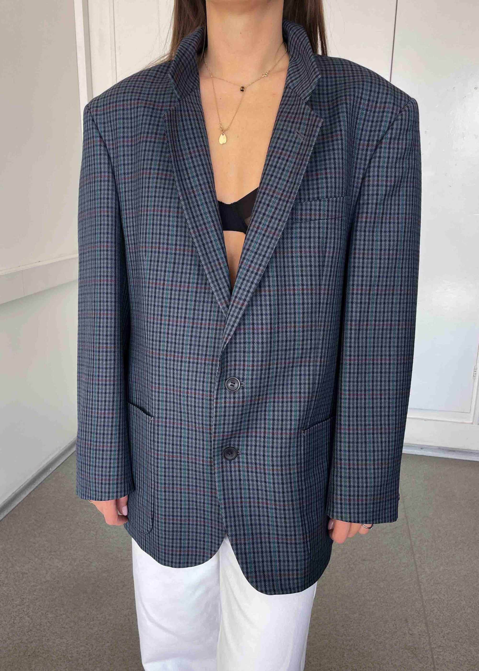 Vintage Blue Checked Oversized 100% WOOL Blazer