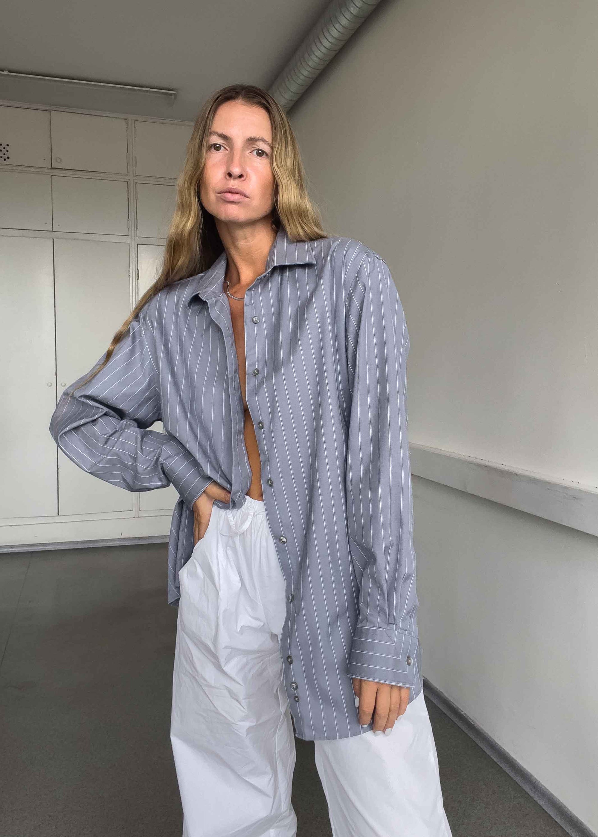 Vintage Grey Oversized Stripy Shirt