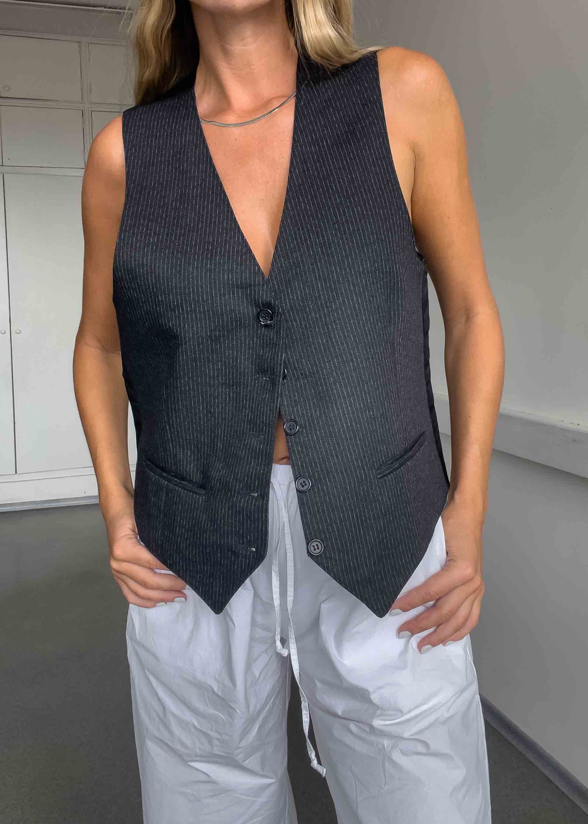 Vintage Grey Stripy Oversized Classy Vest