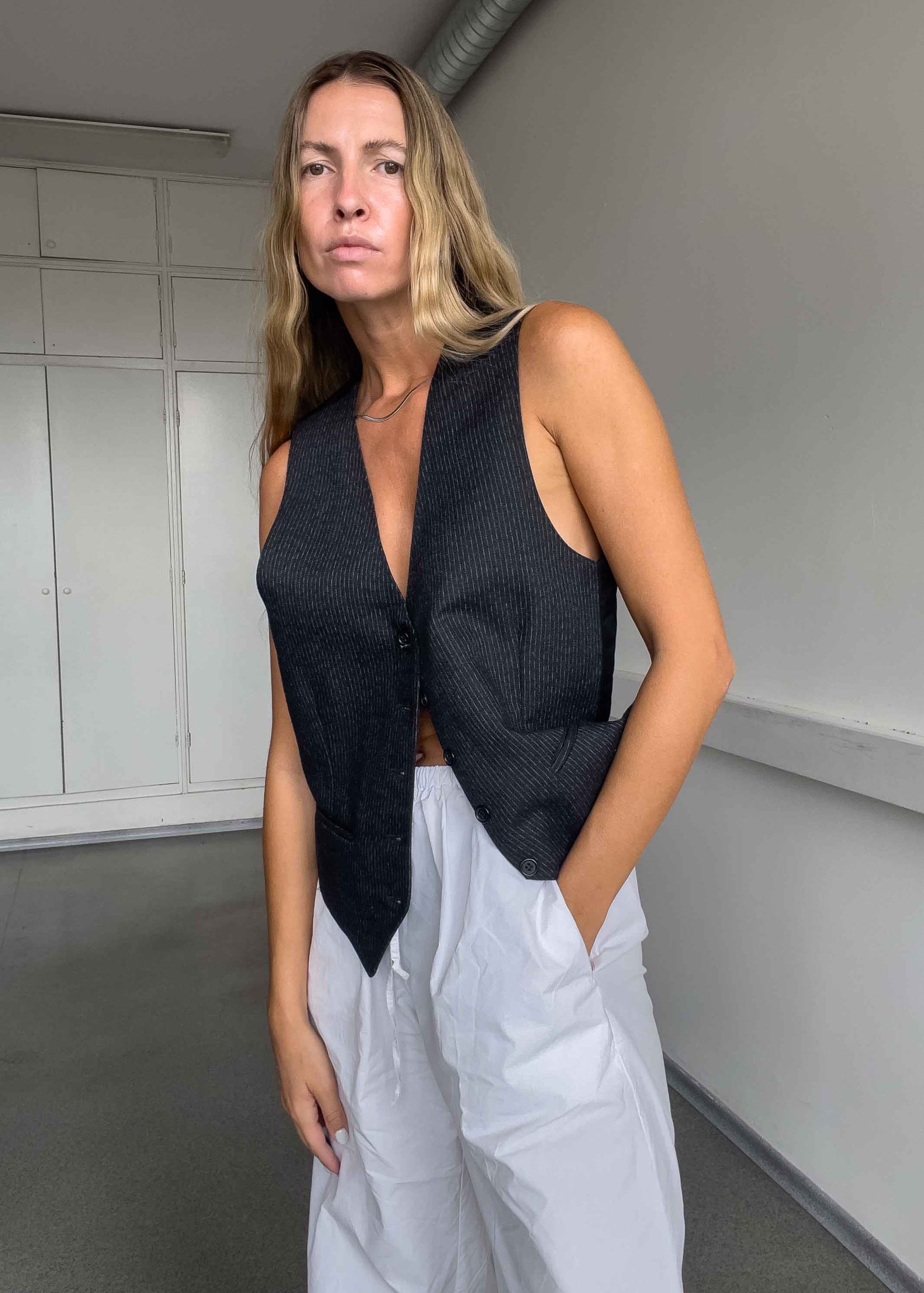 Vintage Grey Stripy Oversized Classy Vest